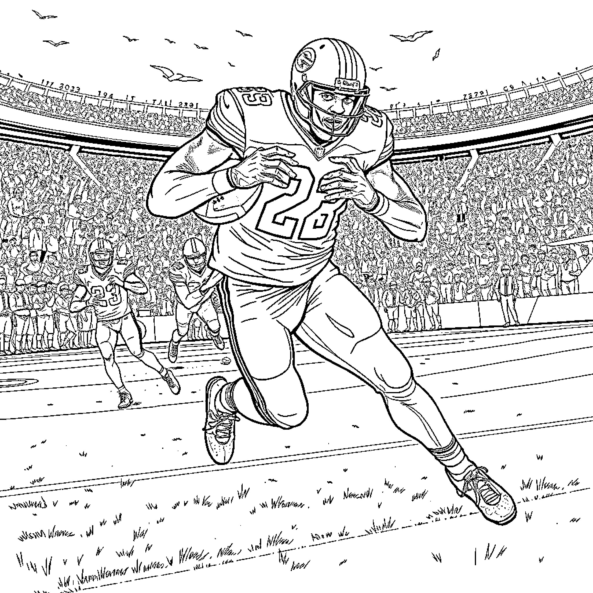 LeBron Running Down the Football Field Coloring Page (free black-and-white line drawing printable PDF for all, from beginners to advanced learners, including children, teens, adults, and seniors)