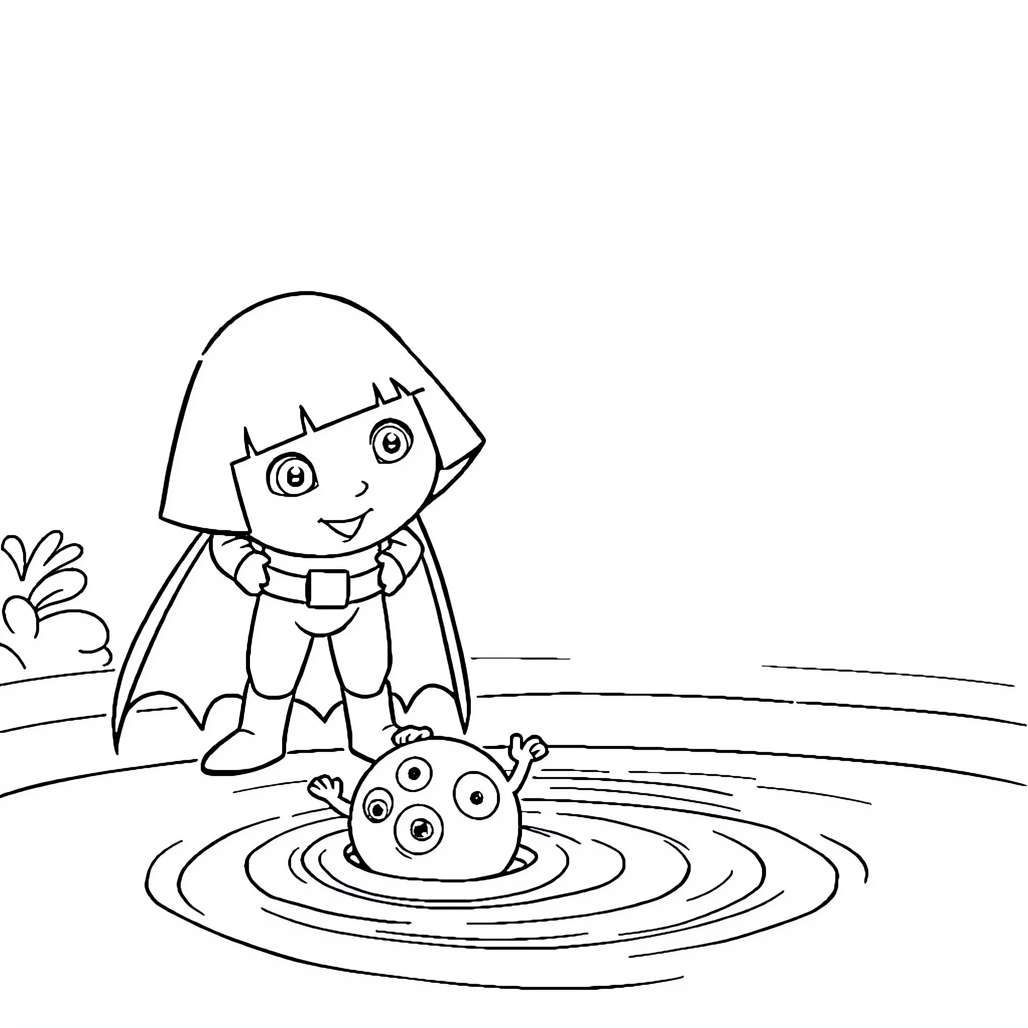 Dora exploring a pond with a small creature Coloring Page (free black-and-white line drawing printable PDF for all, from beginners to advanced learners, including children, teens, adults, and seniors)