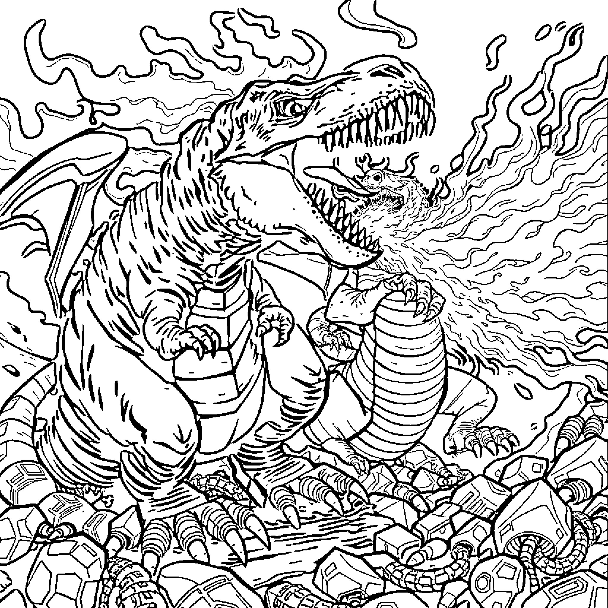 Dinosaur Rampaging Through Destruction Coloring Page (free black-and-white line drawing printable PDF for all, from beginners to advanced learners, including children, teens, adults, and seniors)