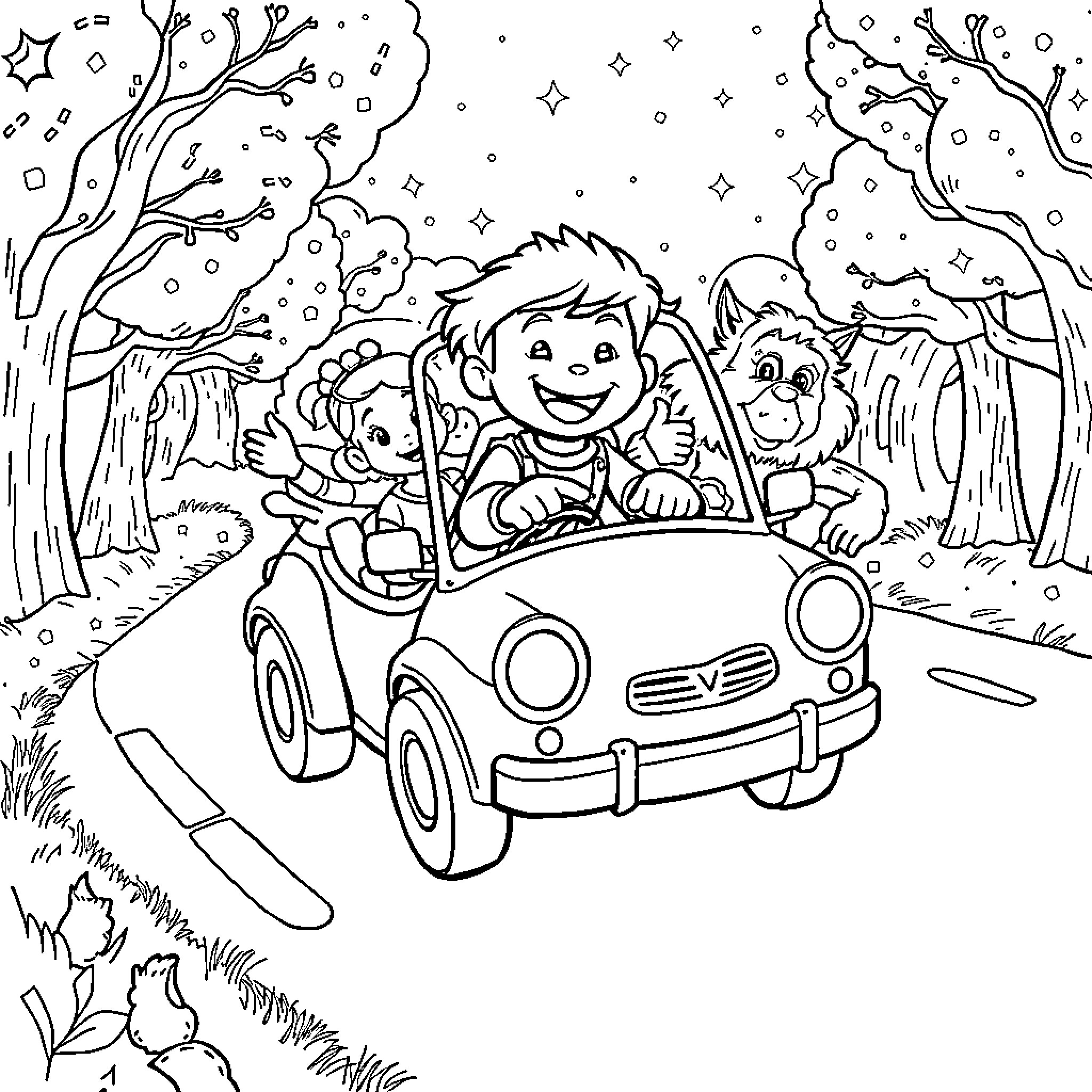 Binga's Joyful Adventure in the Snowy Forest Coloring Page (free black-and-white line drawing printable PDF for all, from beginners to advanced learners, including children, teens, adults, and seniors)