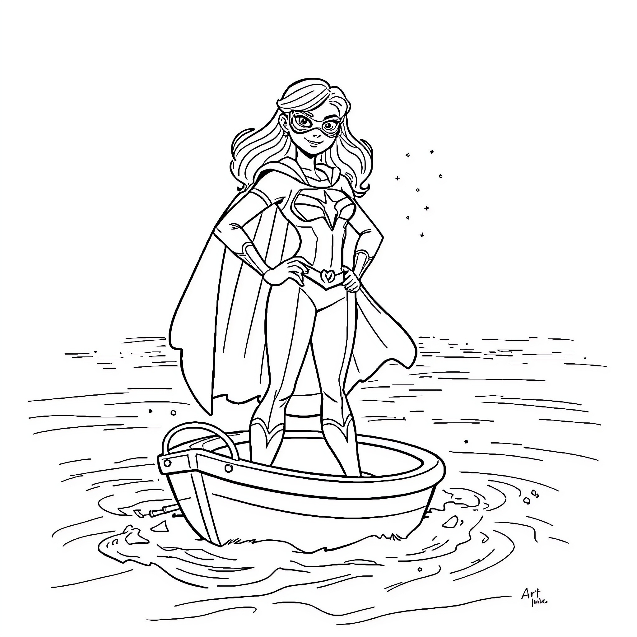 Mega Mindy heroically sailing on the waves Coloring Page (free black-and-white line drawing printable PDF for all, from beginners to advanced learners, including children, teens, adults, and seniors)