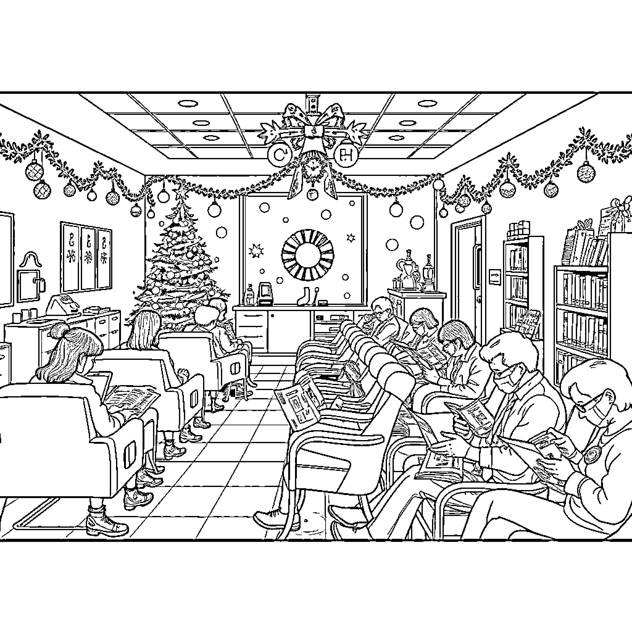 Ophthalmology Clinic's Holiday Celebrations Coloring Page (free black-and-white line drawing printable PDF for all, from beginners to advanced learners, including children, teens, adults, and seniors)