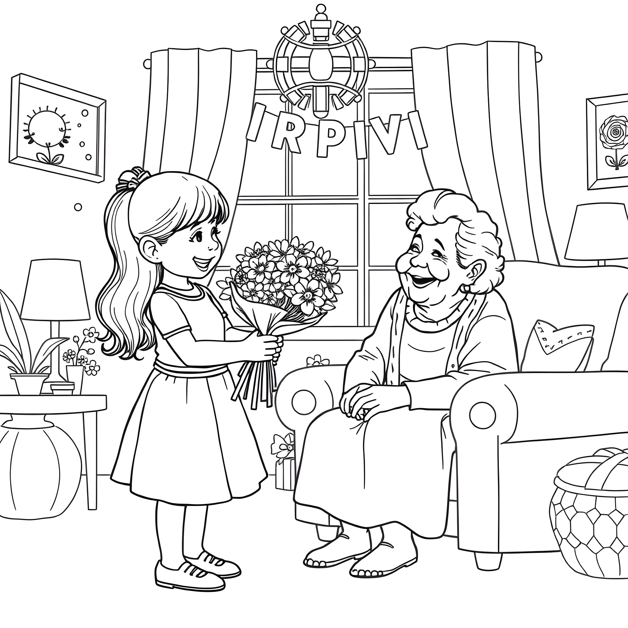 Girl gifting flowers to senior woman at home Coloring Page (free black-and-white line drawing printable PDF for all, from beginners to advanced learners, including children, teens, adults, and seniors)