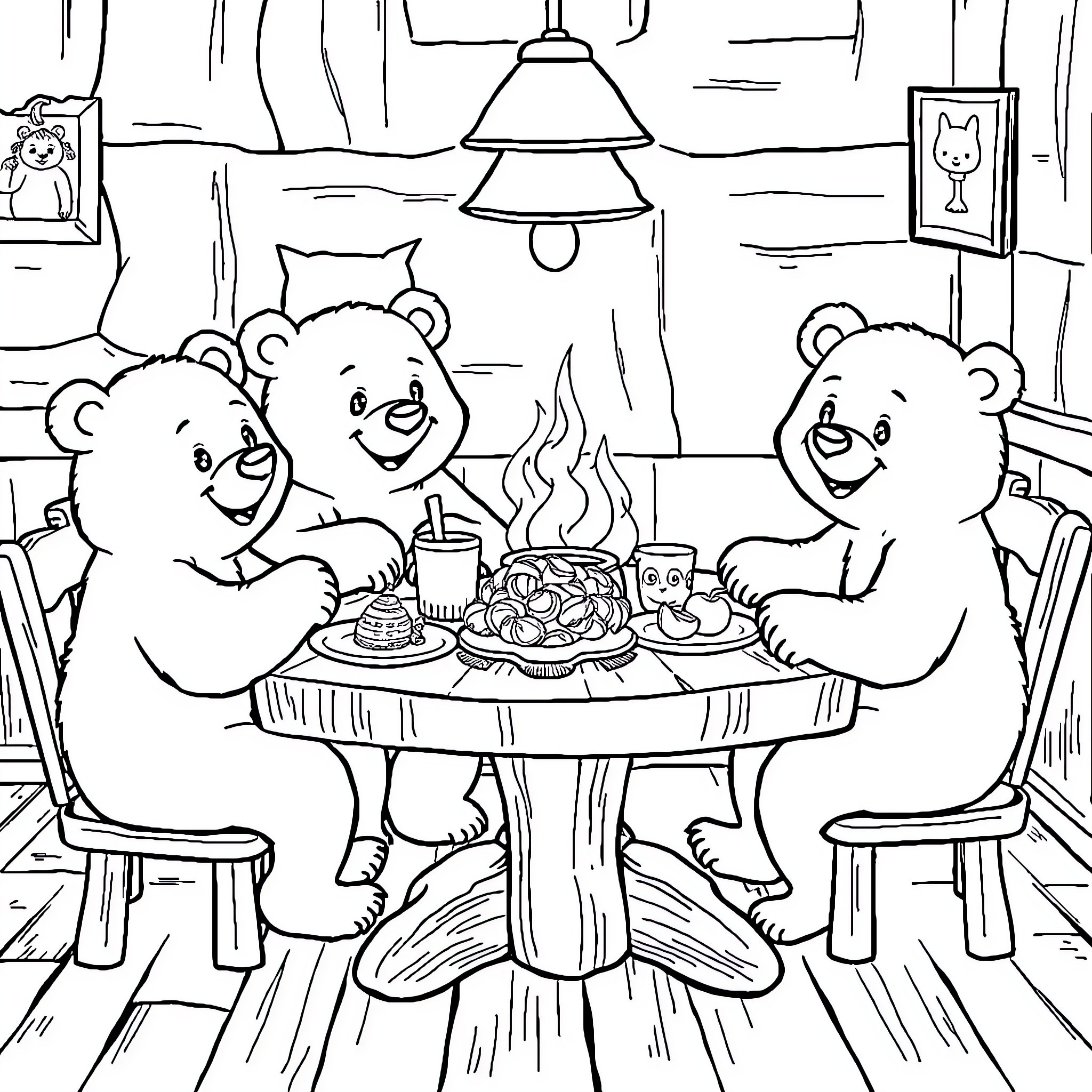 Bear friends enjoying a cozy meal together Coloring Page (free black-and-white line drawing printable PDF for all, from beginners to advanced learners, including children, teens, adults, and seniors)