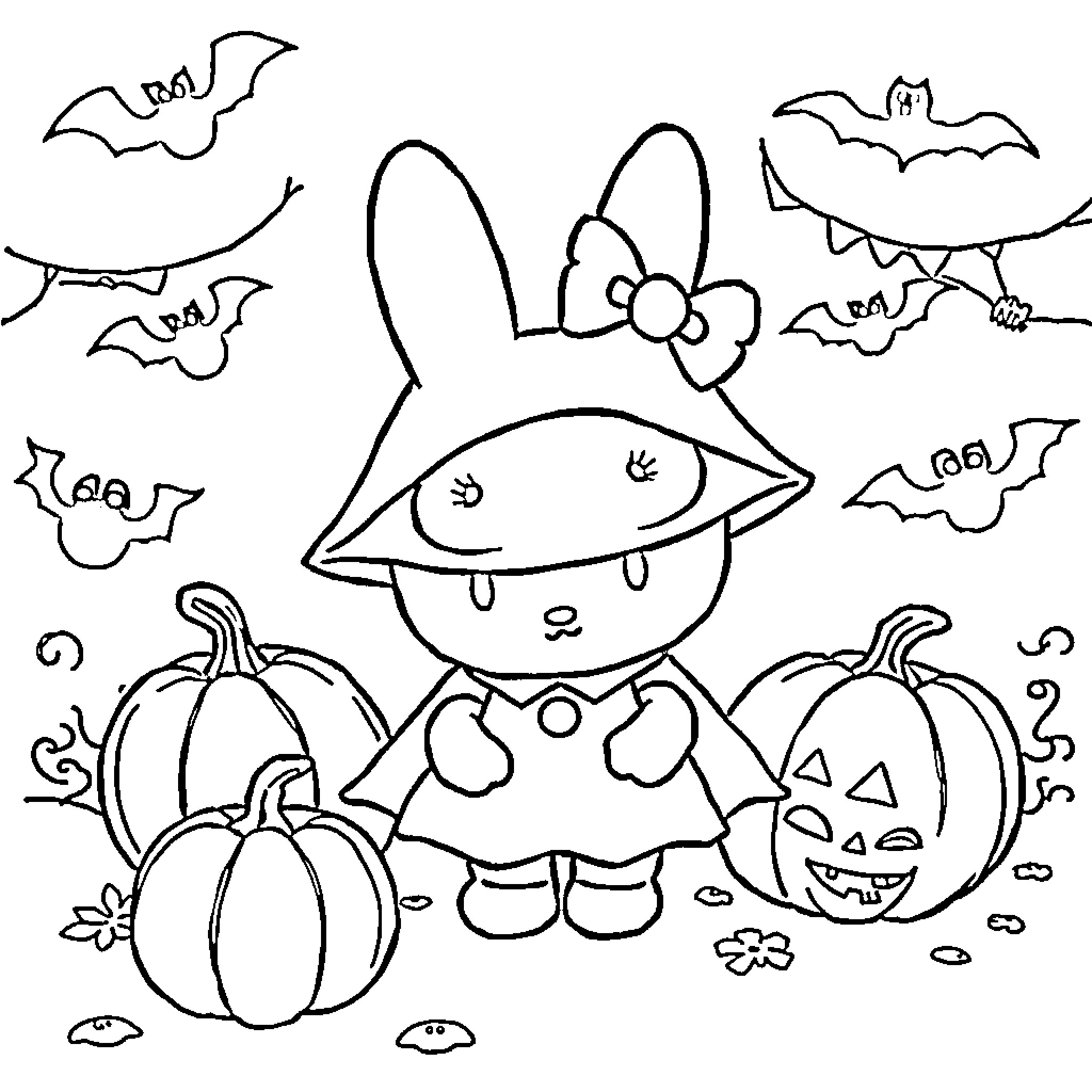 Miffy in a Halloween costume with pumpkins and bats Coloring Page (free black-and-white line drawing printable PDF for all, from beginners to advanced learners, including children, teens, adults, and seniors)