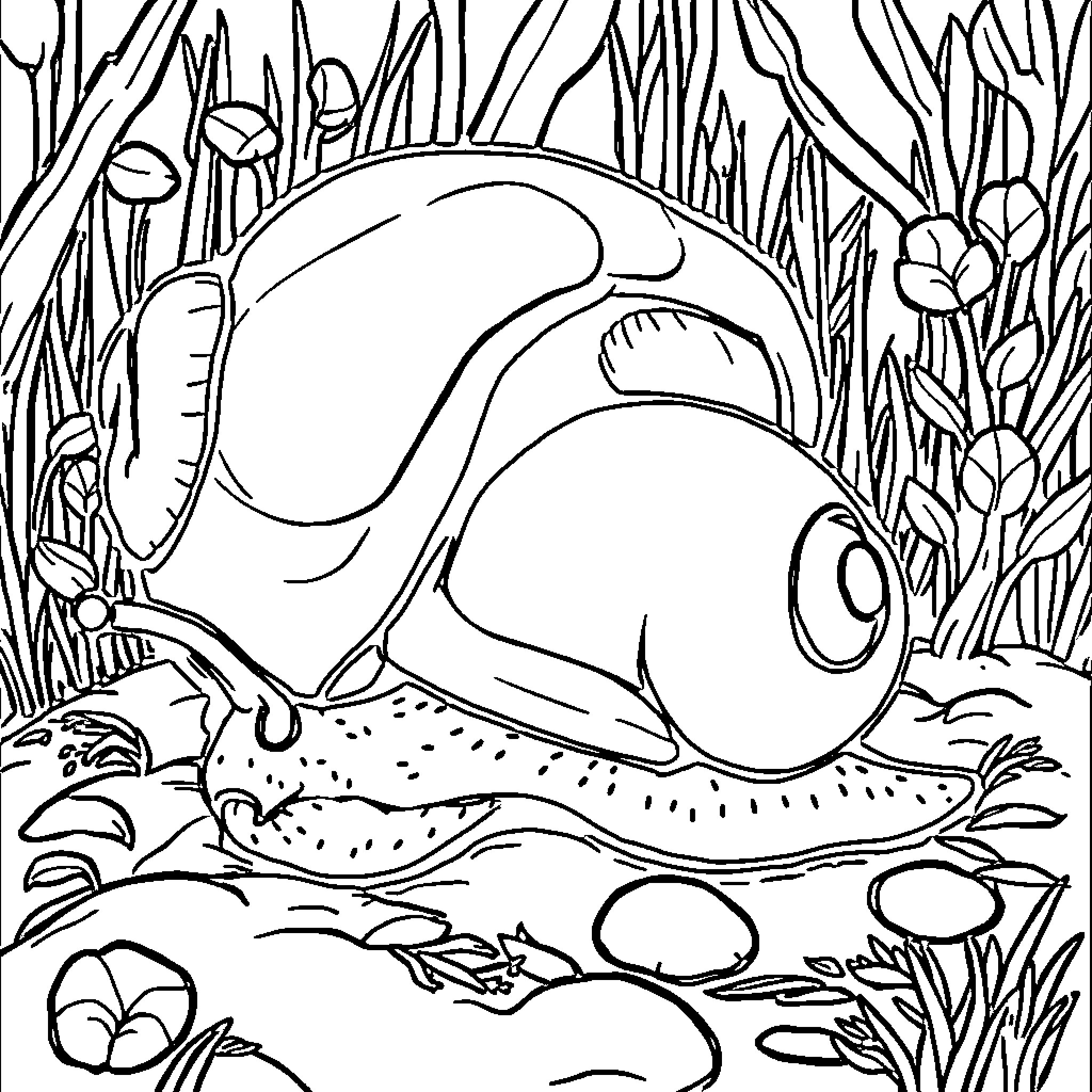 Snail exploring the lush garden Coloring Page (free black-and-white line drawing printable PDF for all, from beginners to advanced learners, including children, teens, adults, and seniors)