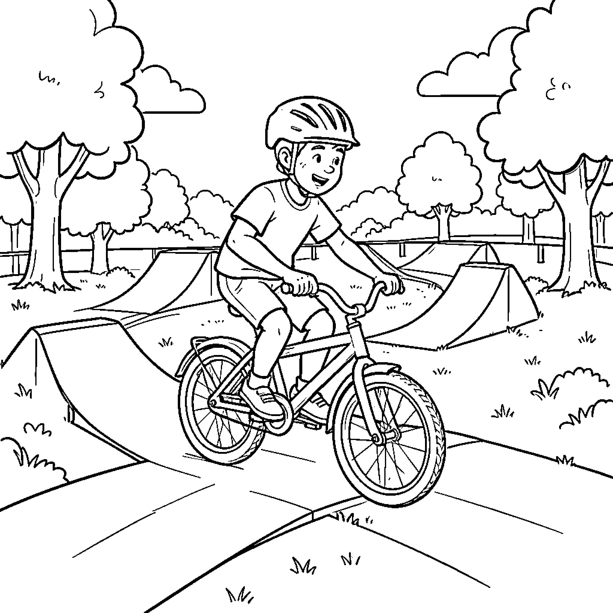 Pump Track Louis riding a bicycle with a smile Coloring Page (free black-and-white line drawing printable PDF for all, from beginners to advanced learners, including children, teens, adults, and seniors)