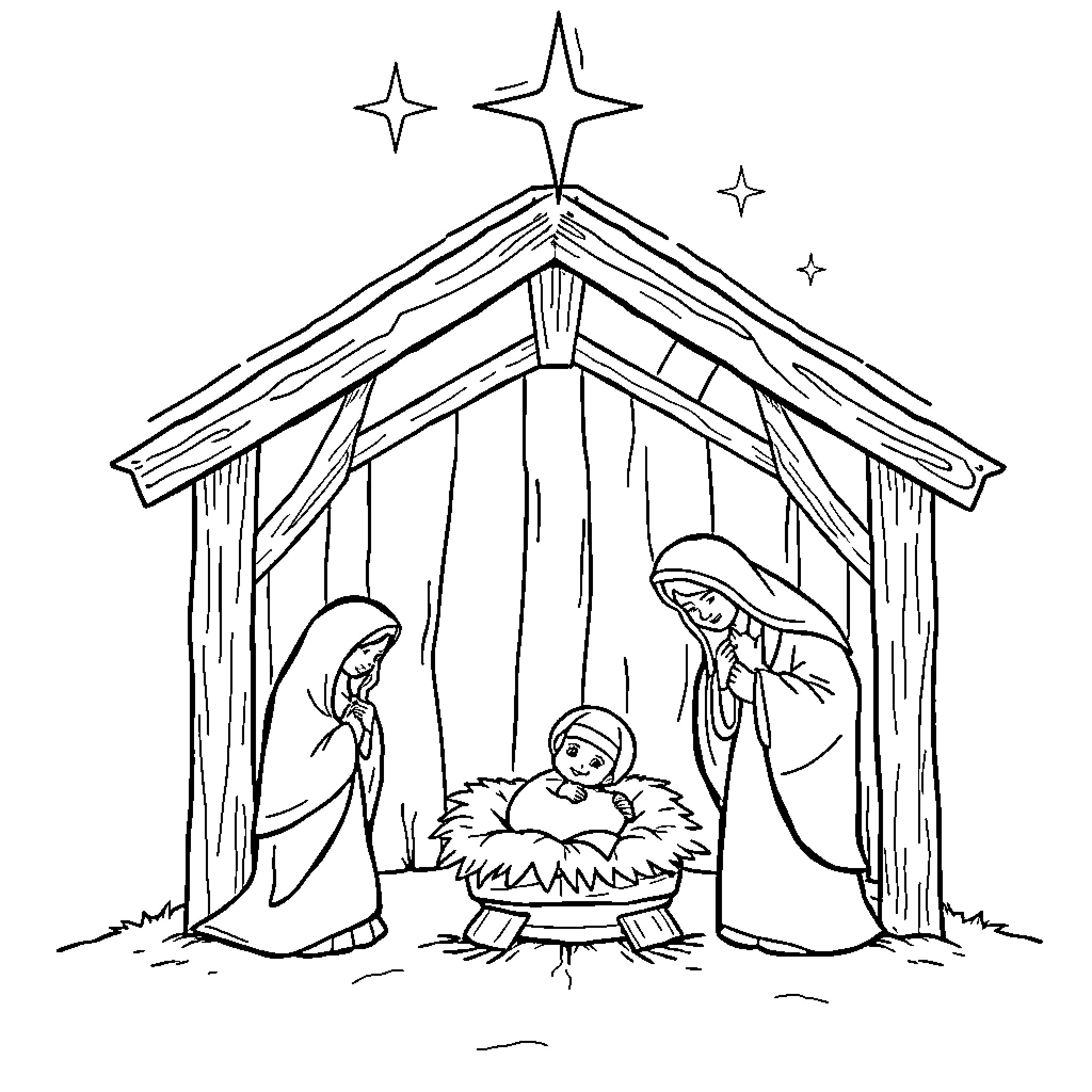 Nativity scene with holy family and shining stars Coloring Page (free black-and-white line drawing printable PDF for all, from beginners to advanced learners, including children, teens, adults, and seniors)