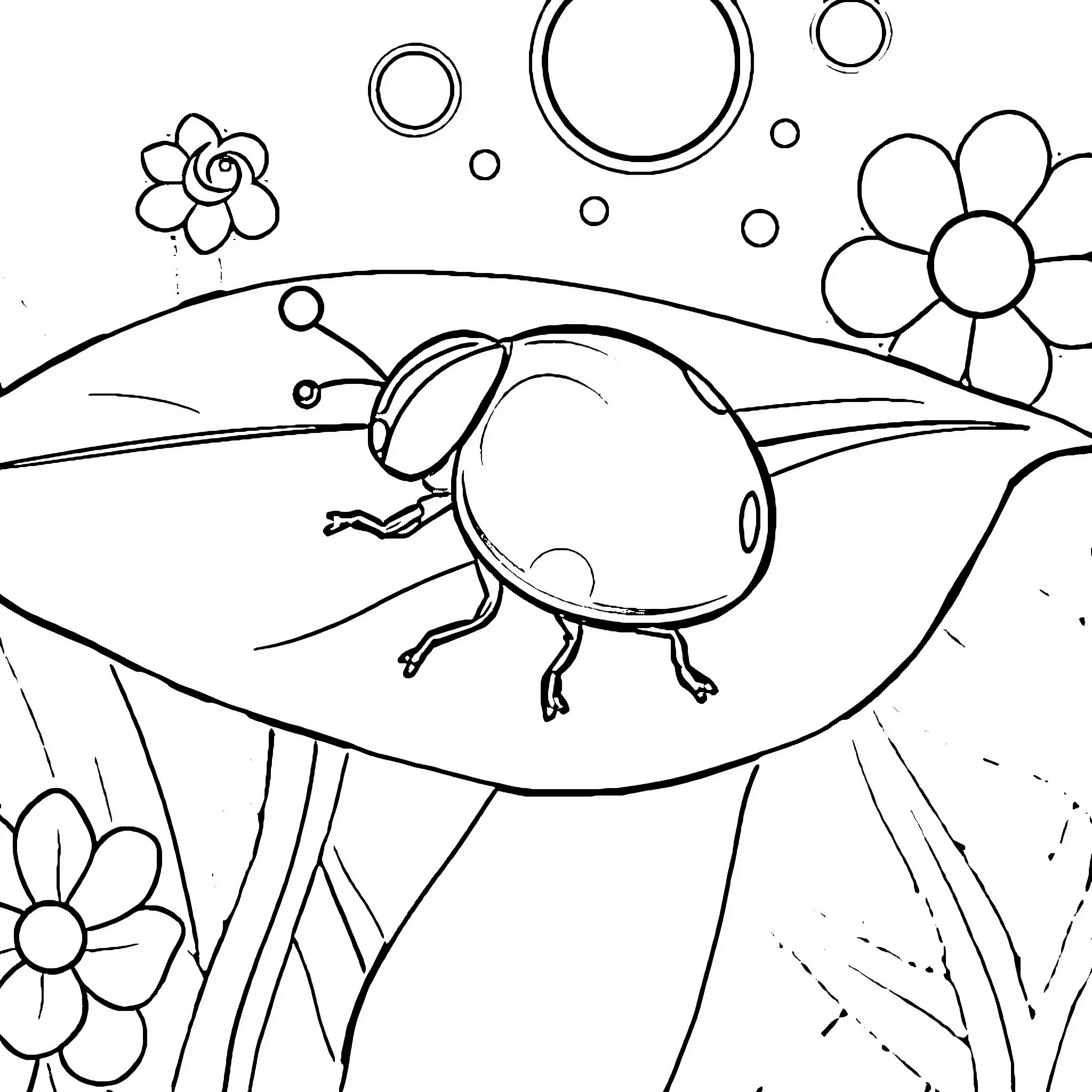 Ladybug exploring the whimsical garden Coloring Page (free black-and-white line drawing printable PDF for all, from beginners to advanced learners, including children, teens, adults, and seniors)