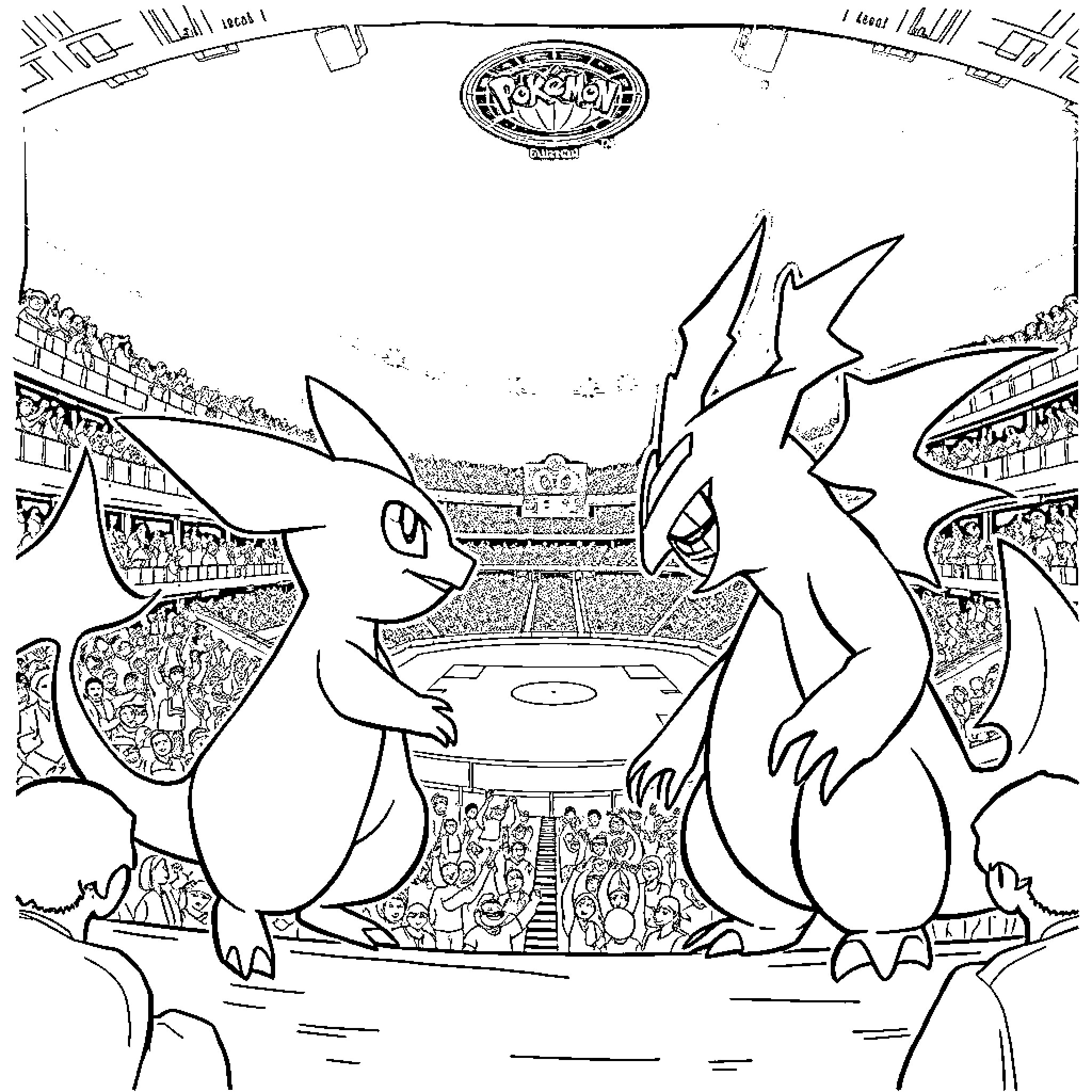 Pokémon characters in a battle stadium scene Coloring Page (free black-and-white line drawing printable PDF for all, from beginners to advanced learners, including children, teens, adults, and seniors)