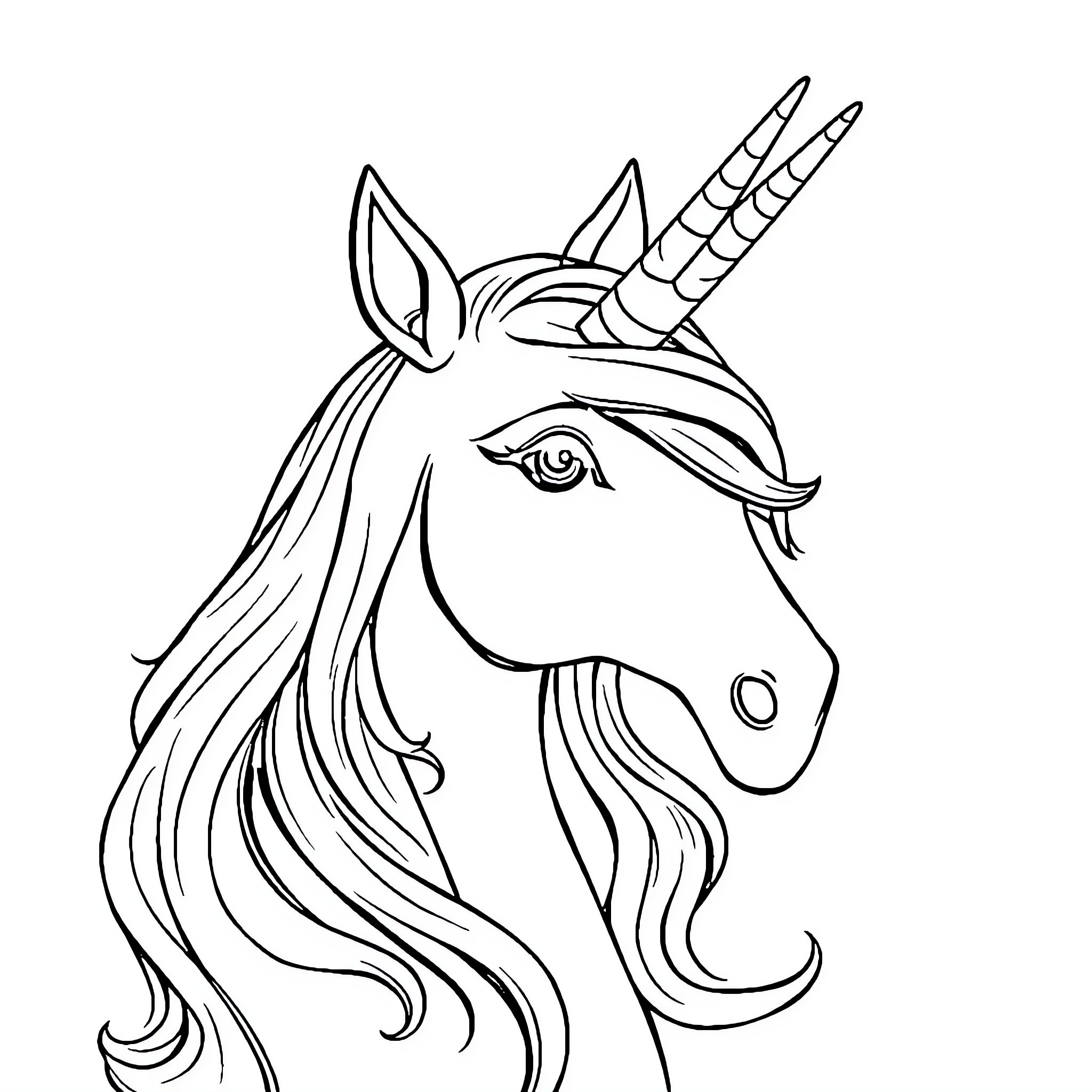 Unicorn with flowing mane and horn Coloring Page (free black-and-white line drawing printable PDF for all, from beginners to advanced learners, including children, teens, adults, and seniors)