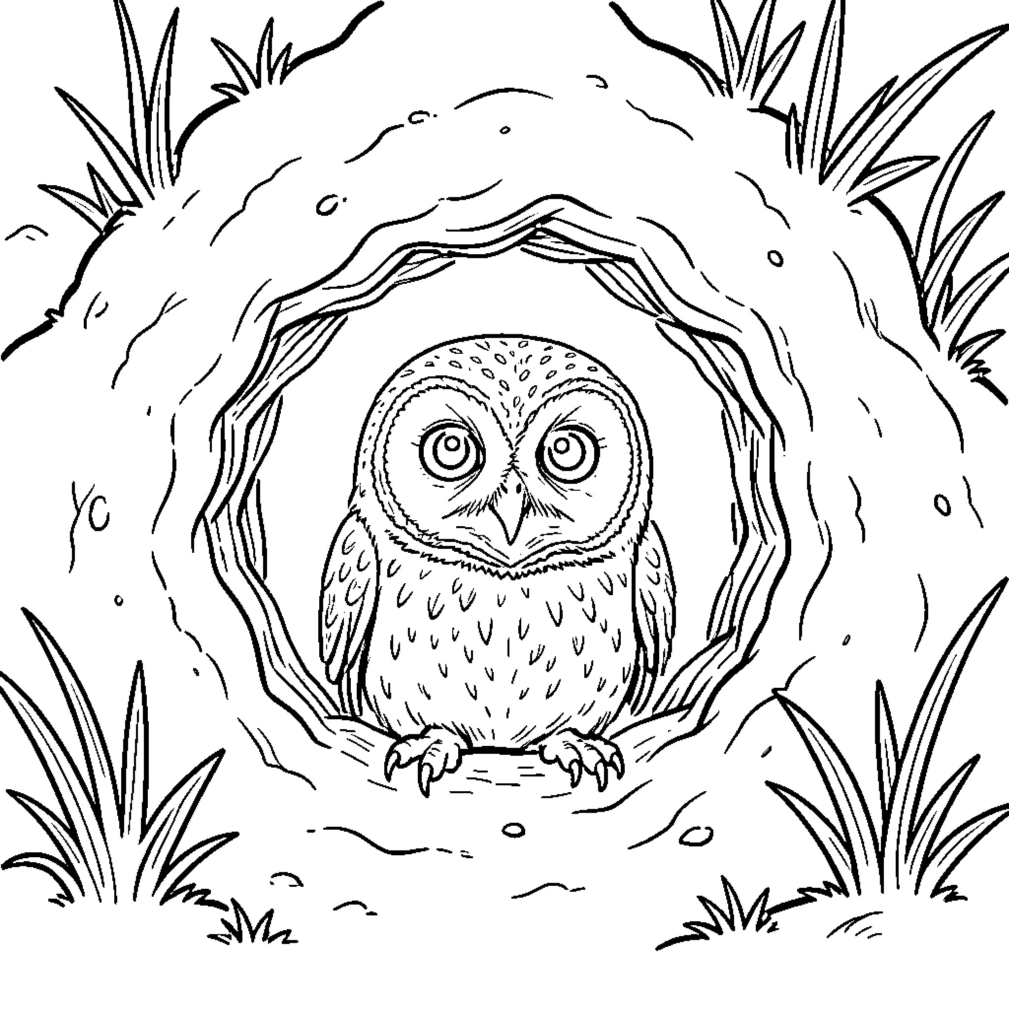 Owl peering curiously from a hollow tree Coloring Page (free black-and-white line drawing printable PDF for all, from beginners to advanced learners, including children, teens, adults, and seniors)