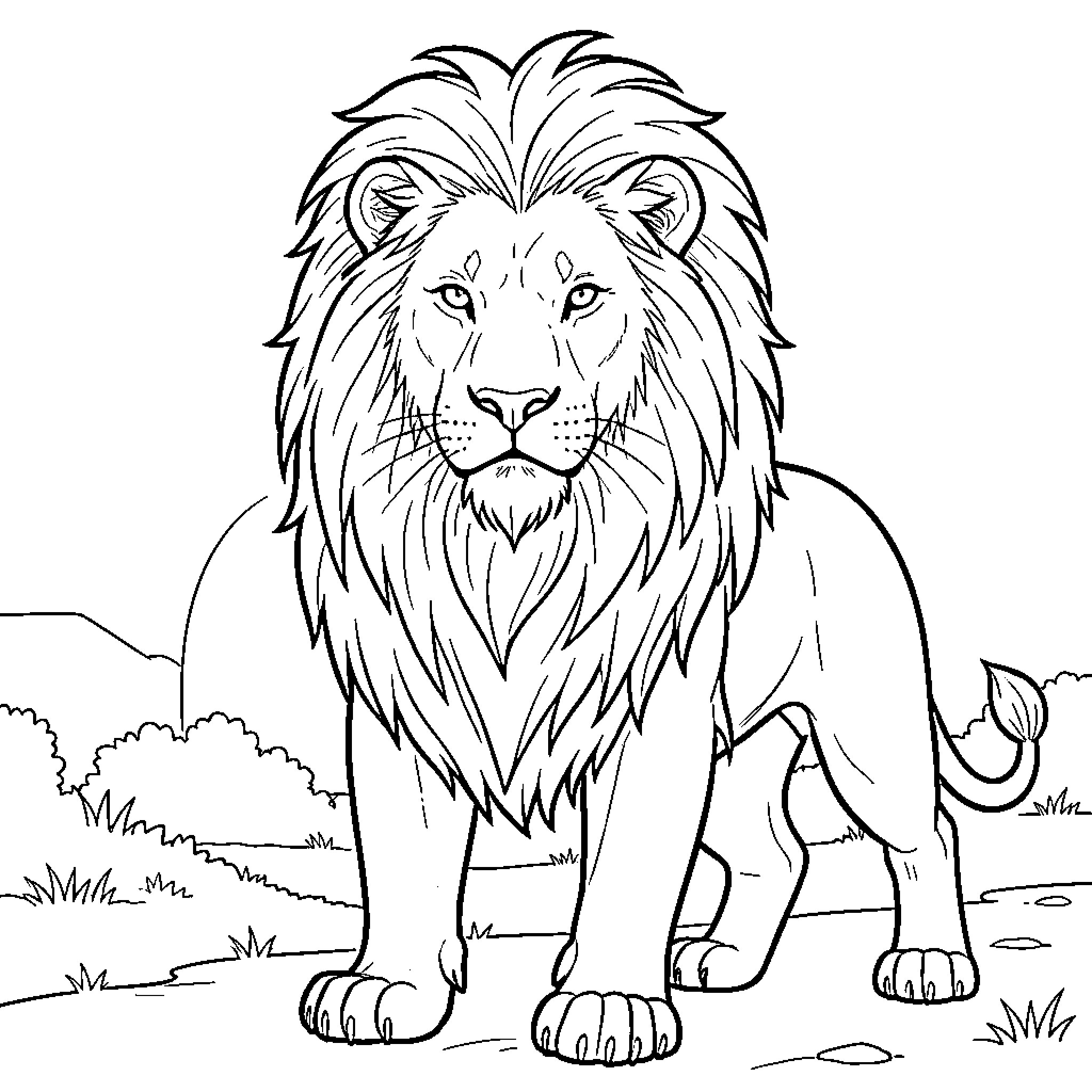 Lion standing majestically in natural setting Coloring Page (free black-and-white line drawing printable PDF for all, from beginners to advanced learners, including children, teens, adults, and seniors)