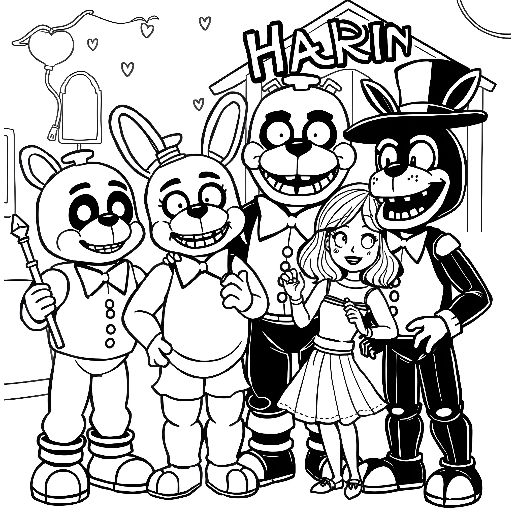Freddy and friends celebrate at Harin's party Coloring Page (free black-and-white line drawing printable PDF for all, from beginners to advanced learners, including children, teens, adults, and seniors)