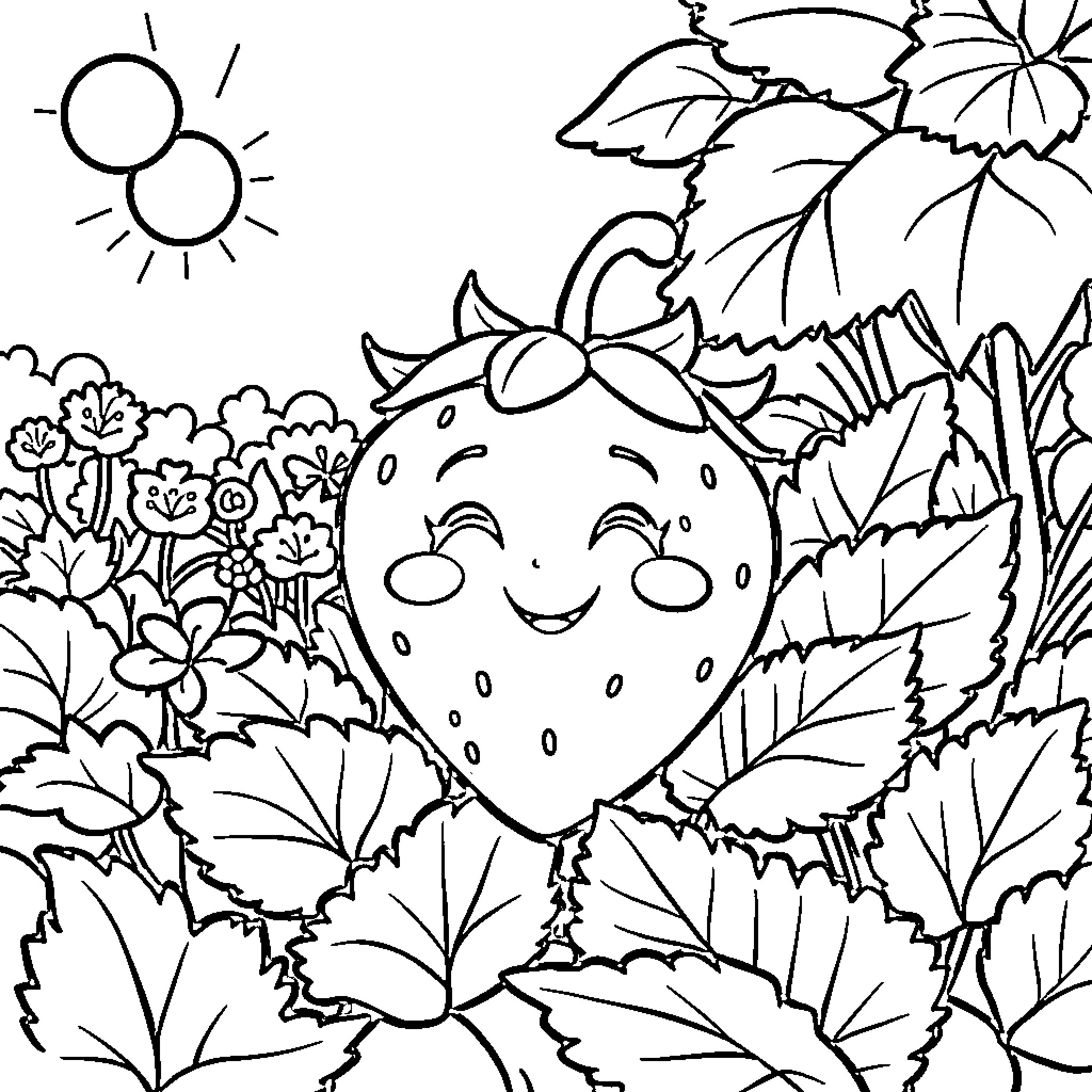 Strawberry smiling in a floral garden Coloring Page (free black-and-white line drawing printable PDF for all, from beginners to advanced learners, including children, teens, adults, and seniors)
