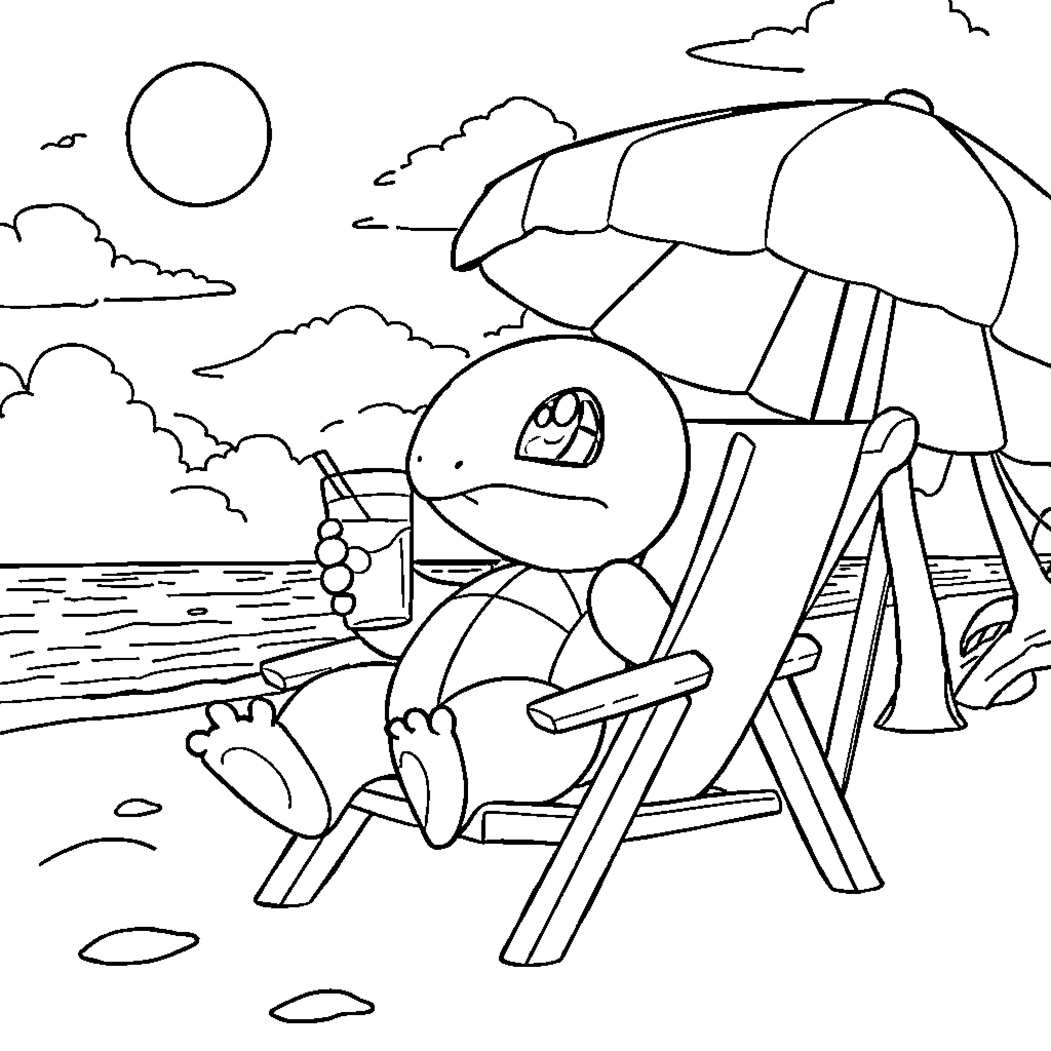 Squirtle relaxing on the beach with umbrella Coloring Page (free black-and-white line drawing printable PDF for all, from beginners to advanced learners, including children, teens, adults, and seniors)