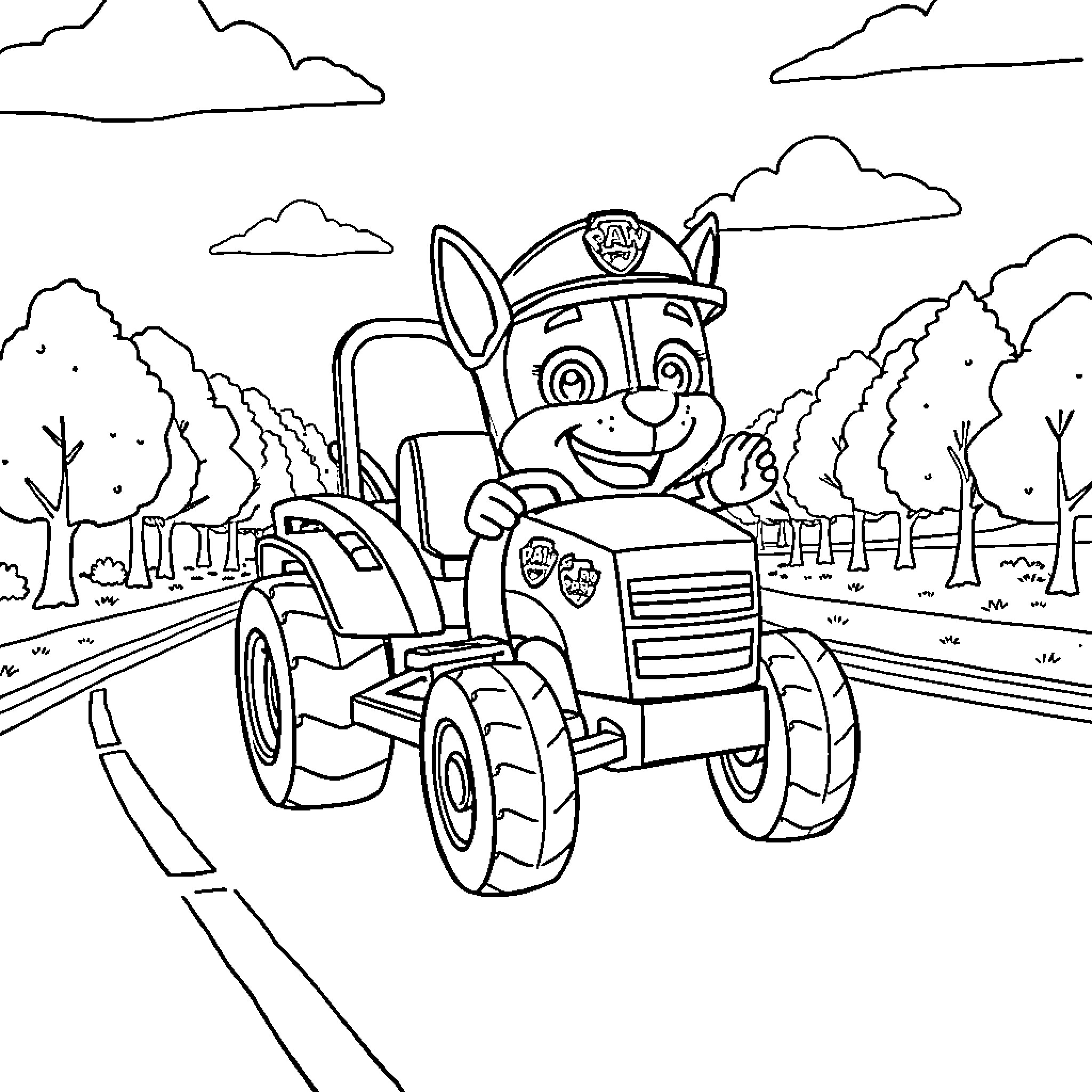 Chase the Pup's Tractor Adventure Coloring Page (free black-and-white line drawing printable PDF for all, from beginners to advanced learners, including children, teens, adults, and seniors)