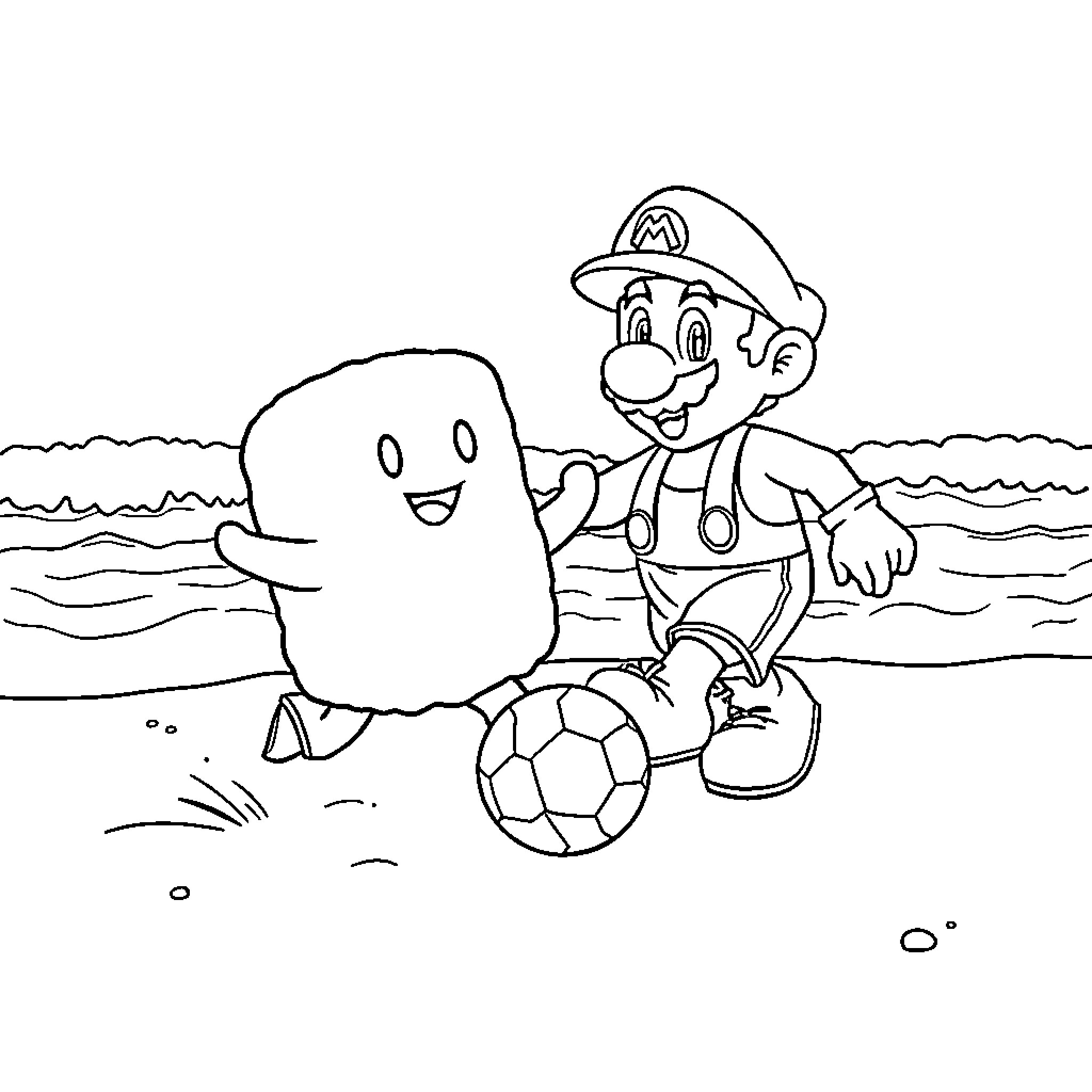 DJ Plumber and Friendly Ghost Play Soccer on Beach Coloring Page (free black-and-white line drawing printable PDF for all, from beginners to advanced learners, including children, teens, adults, and seniors)