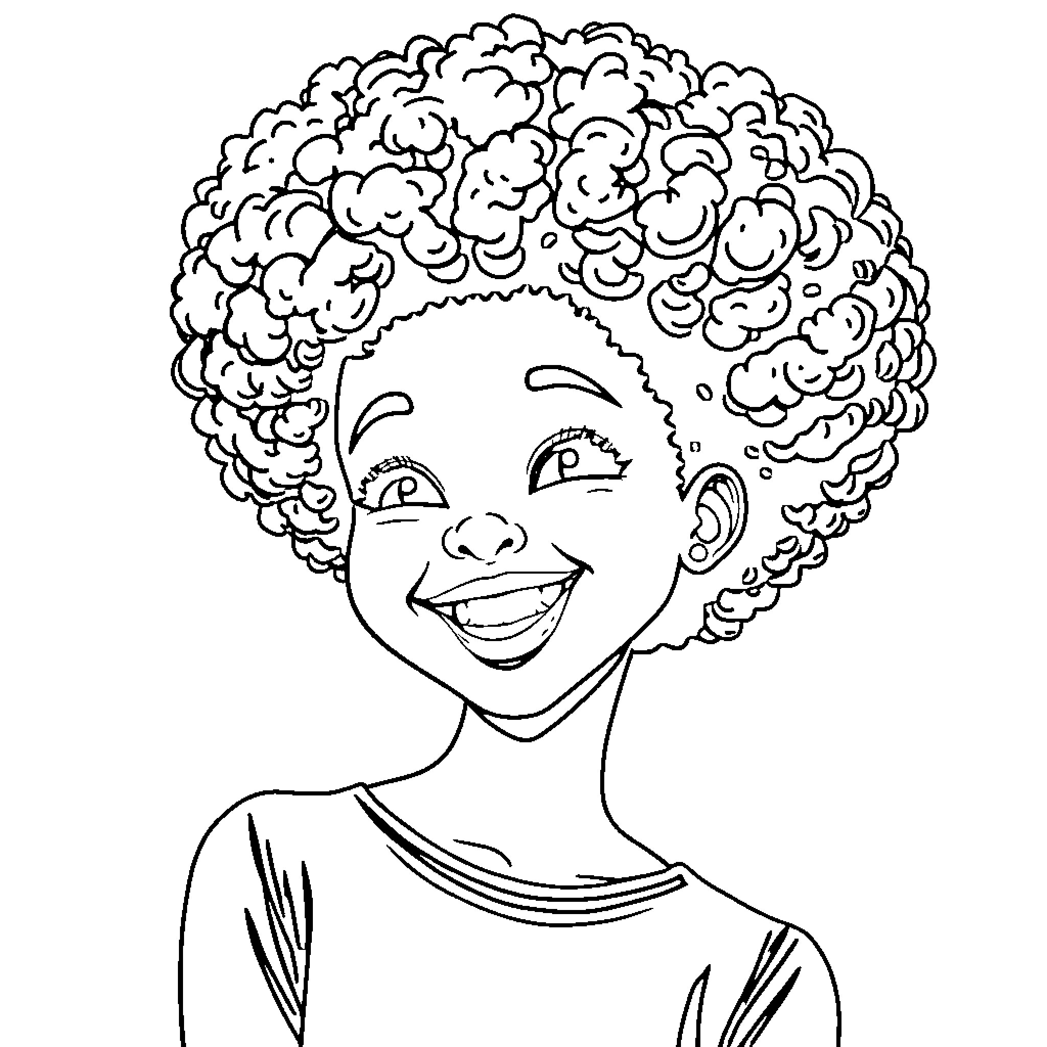 Girl with curly hair smiling happily Coloring Page (free black-and-white line drawing printable PDF for all, from beginners to advanced learners, including children, teens, adults, and seniors)