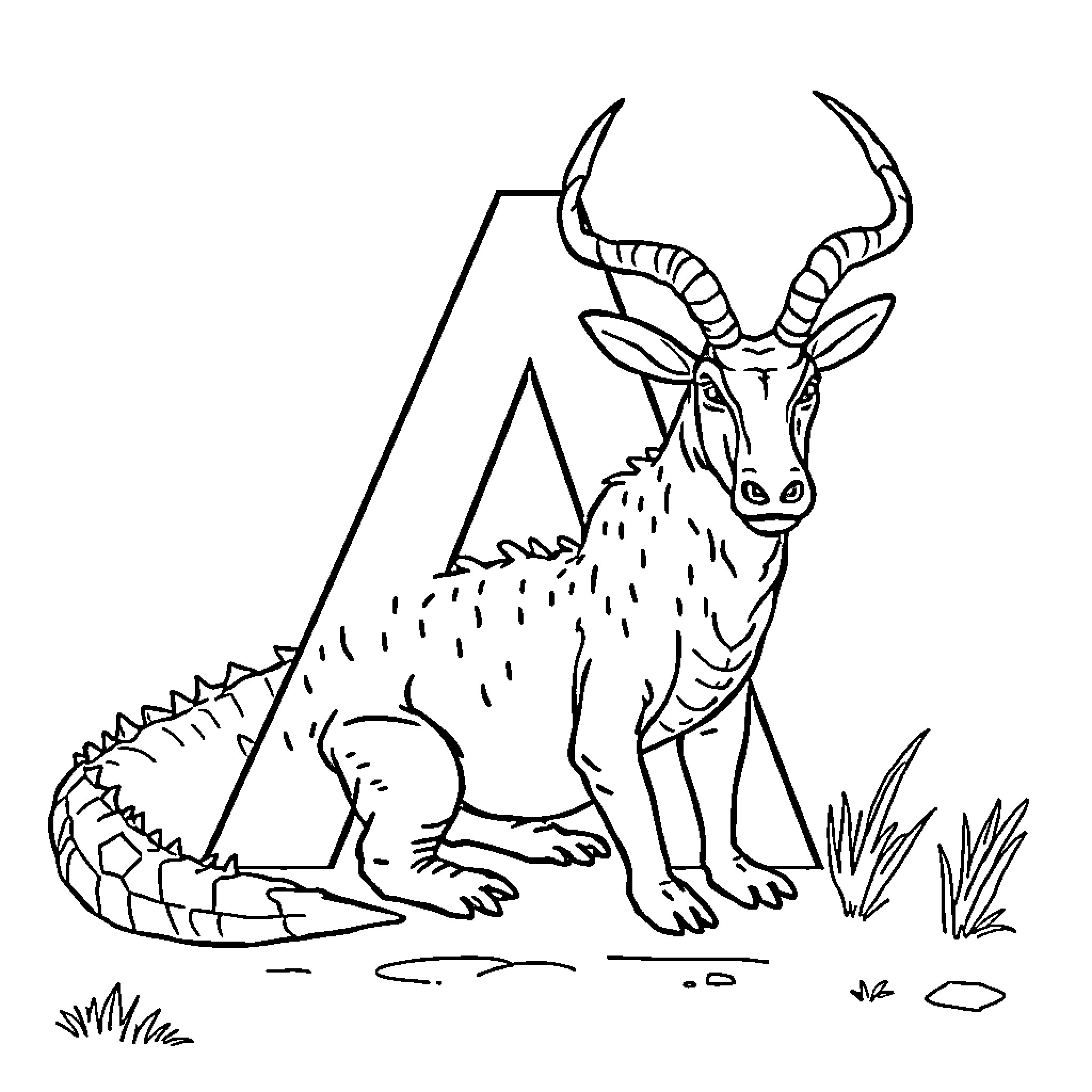 Animal with horns in nature Coloring Page (free black-and-white line drawing printable PDF for all, from beginners to advanced learners, including children, teens, adults, and seniors)
