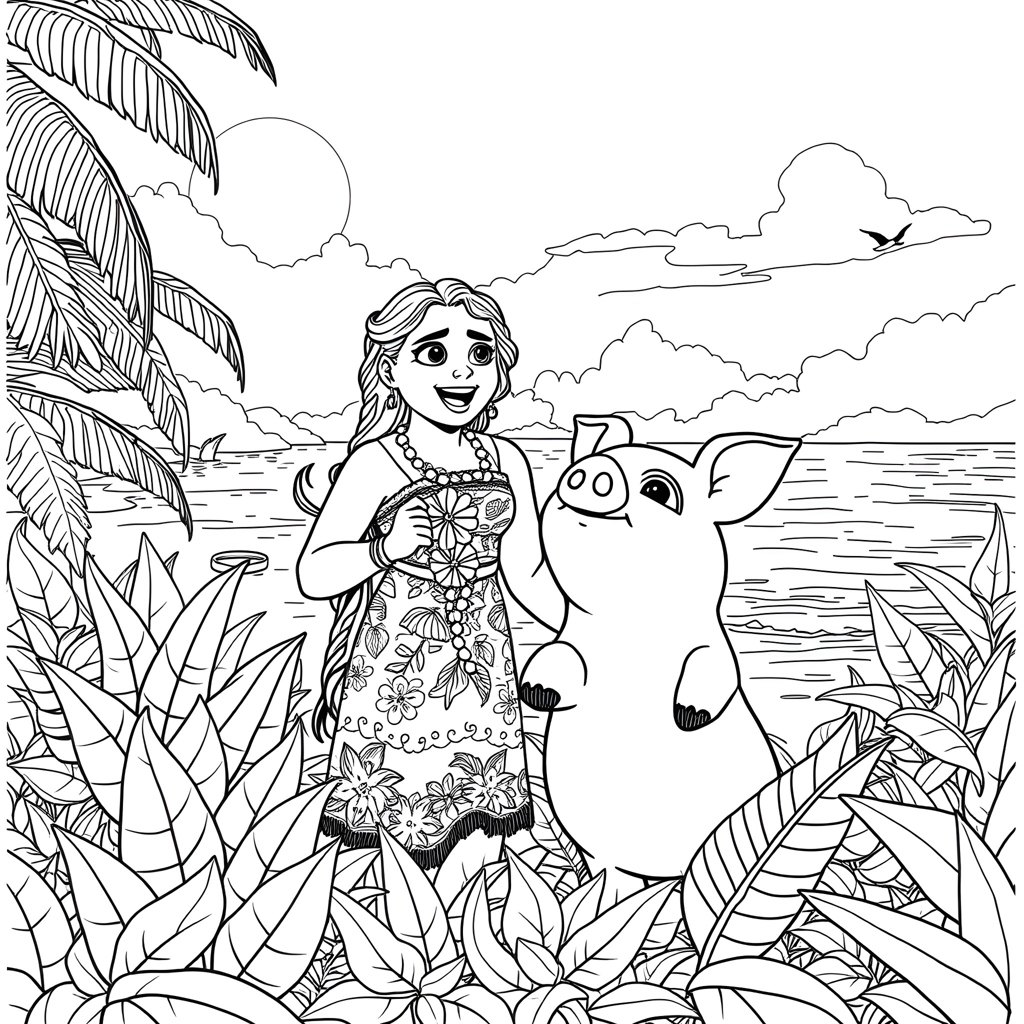 Moana exploring the island with Pua the Pig Coloring Page (free black-and-white line drawing printable PDF for all, from beginners to advanced learners, including children, teens, adults, and seniors)