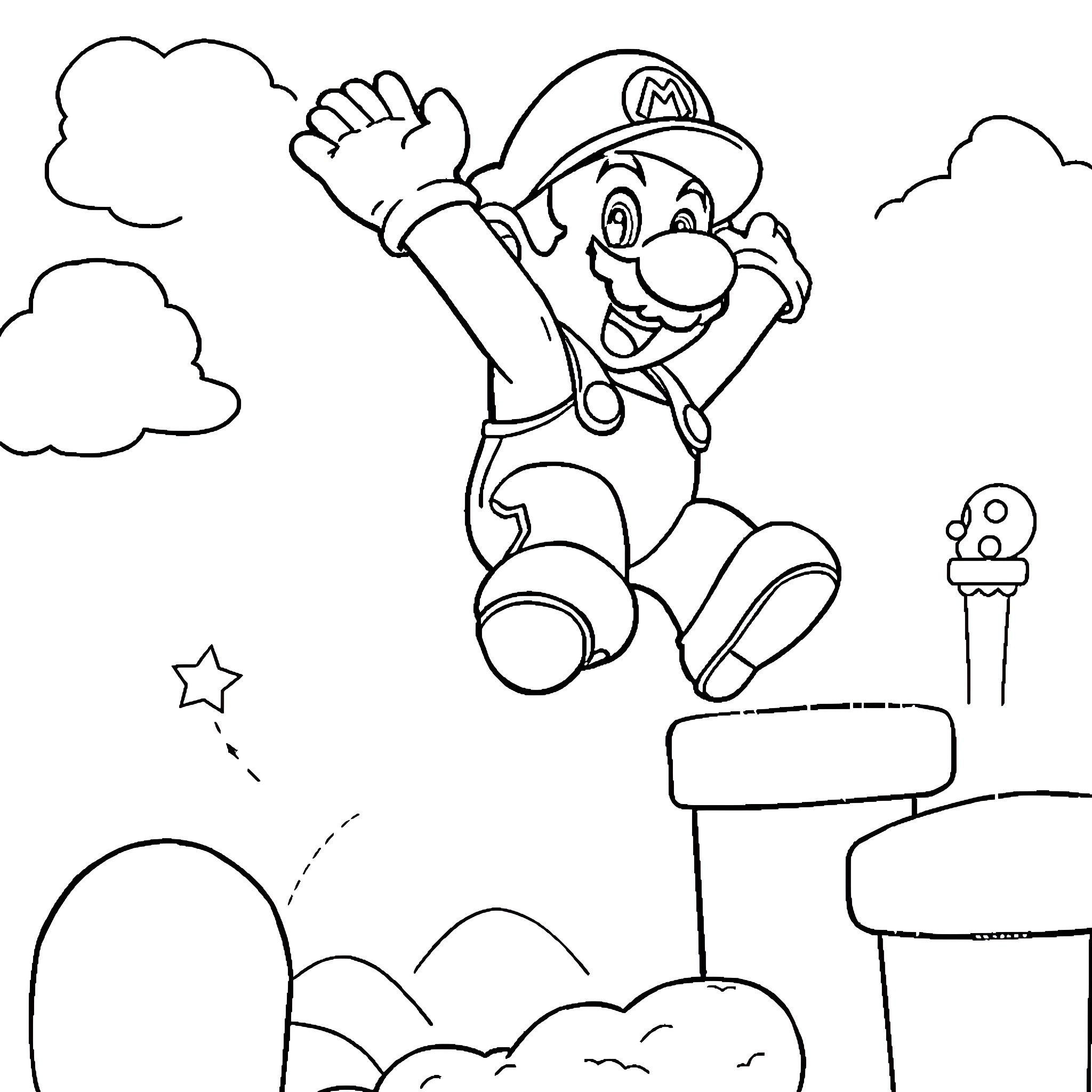 Super Mario Jumping Over Obstacles and Clouds Coloring Page (free black-and-white line drawing printable PDF for all, from beginners to advanced learners, including children, teens, adults, and seniors)