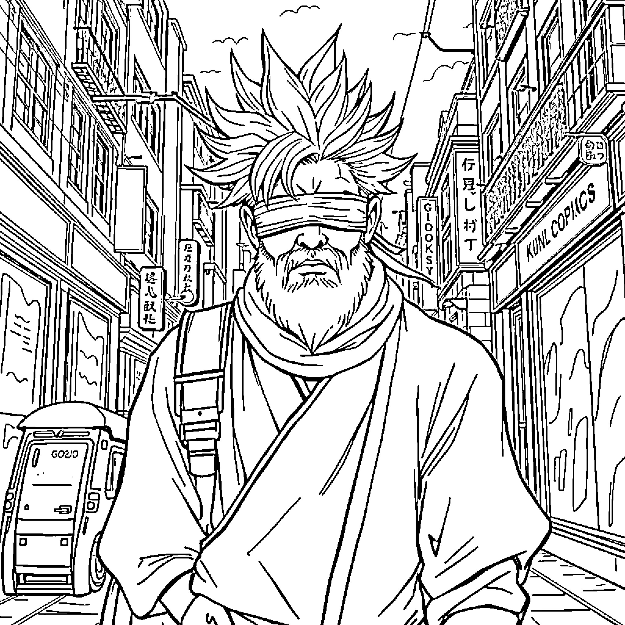Gojo walking through the city streets Coloring Page (free black-and-white line drawing printable PDF for all, from beginners to advanced learners, including children, teens, adults, and seniors)