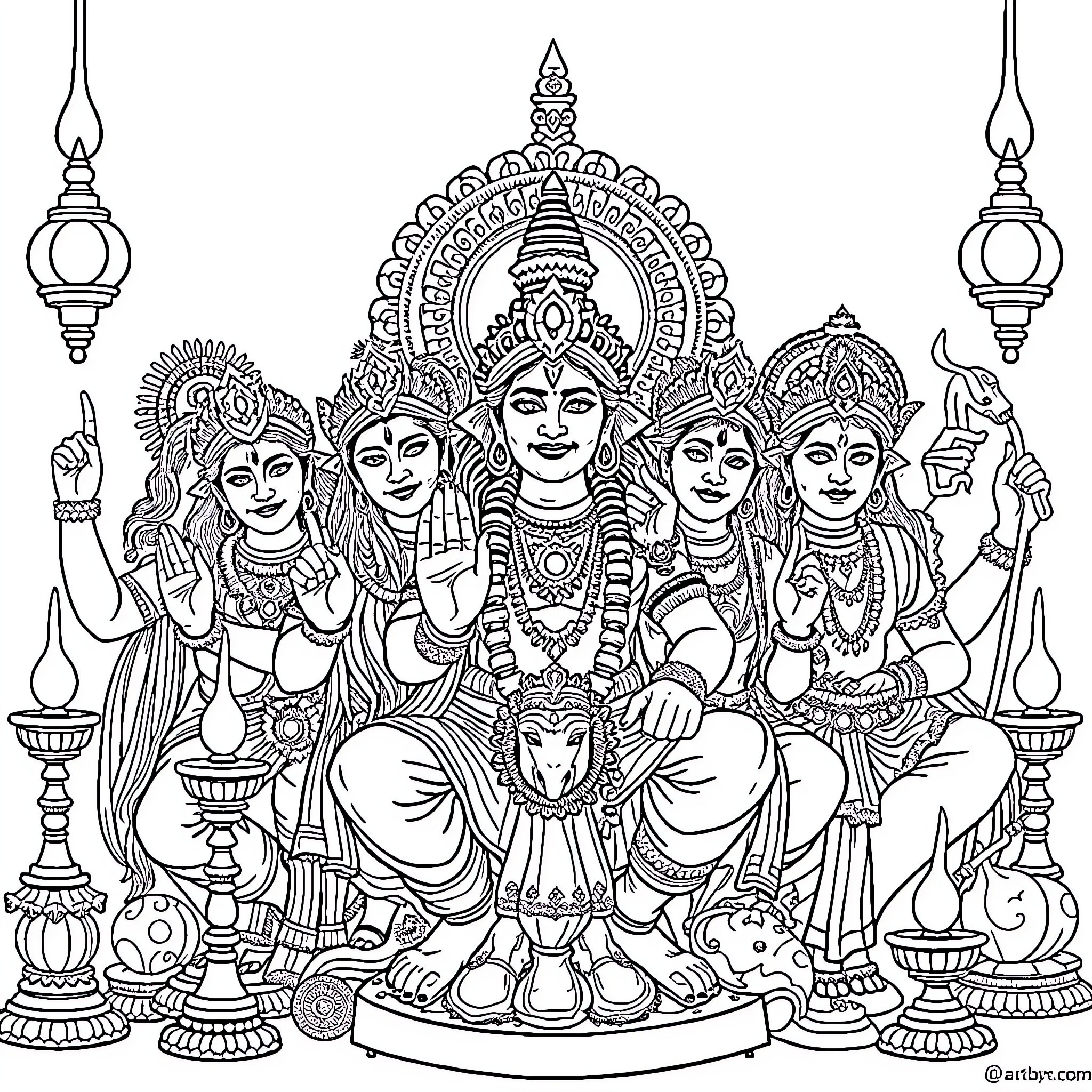 God's divine entourage in ornate attire Coloring Page (free black-and-white line drawing printable PDF for all, from beginners to advanced learners, including children, teens, adults, and seniors)