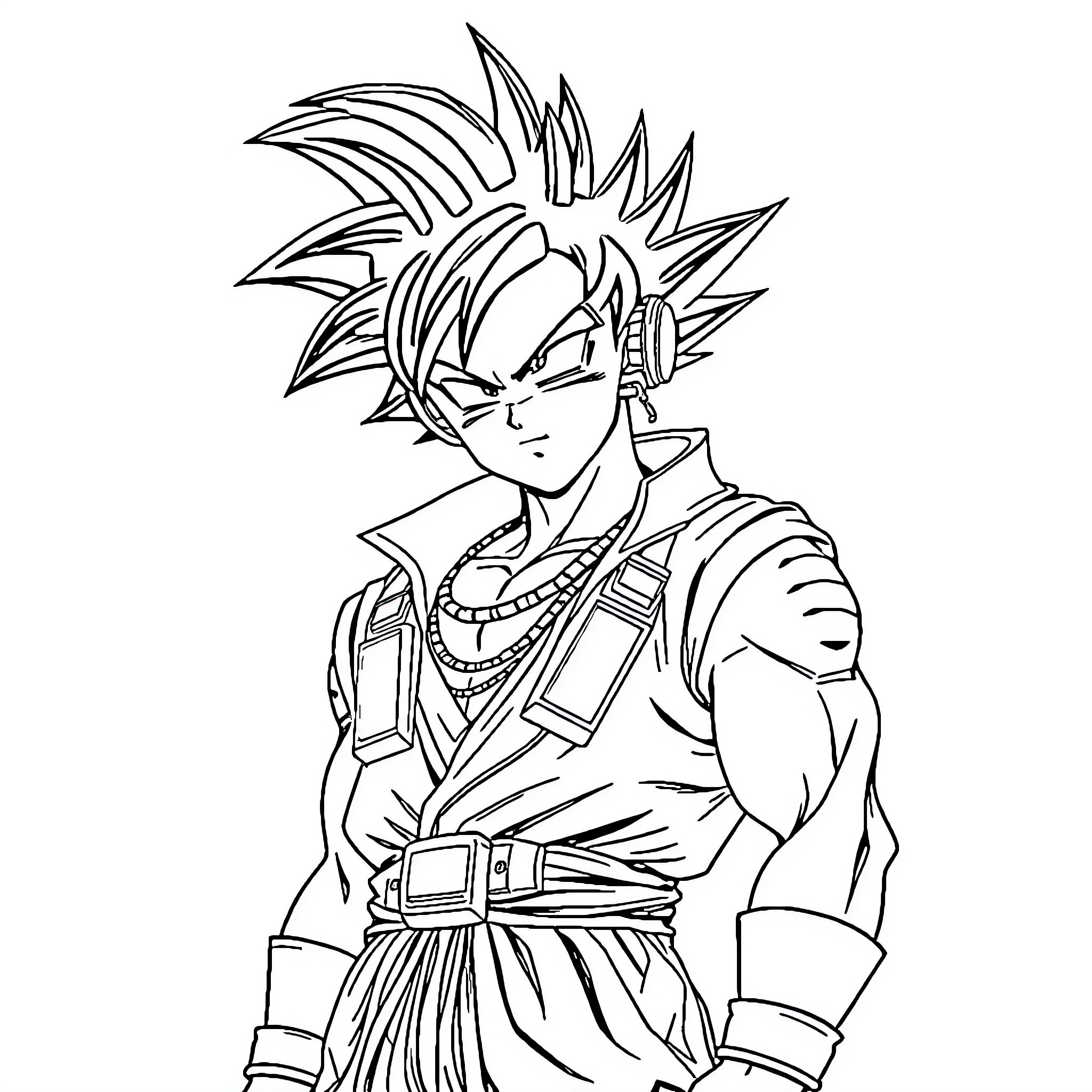 Son Goku in a fierce battle stance Coloring Page (free black-and-white line drawing printable PDF for all, from beginners to advanced learners, including children, teens, adults, and seniors)