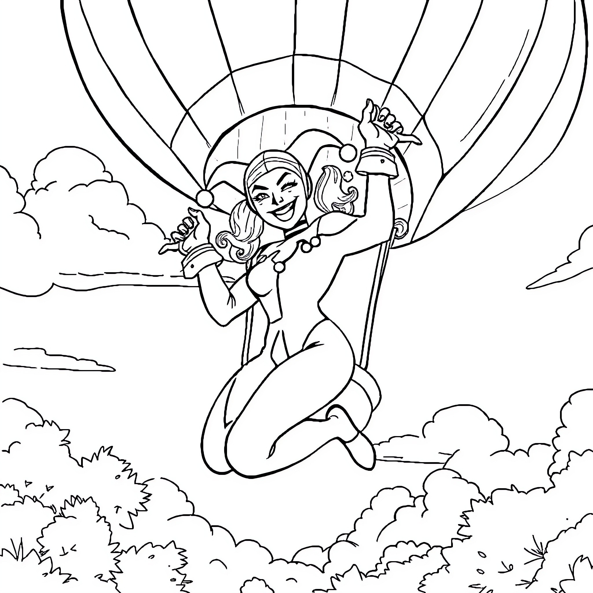 Harley Quinn soaring through the sky with her mallet Coloring Page (free black-and-white line drawing printable PDF for all, from beginners to advanced learners, including children, teens, adults, and seniors)
