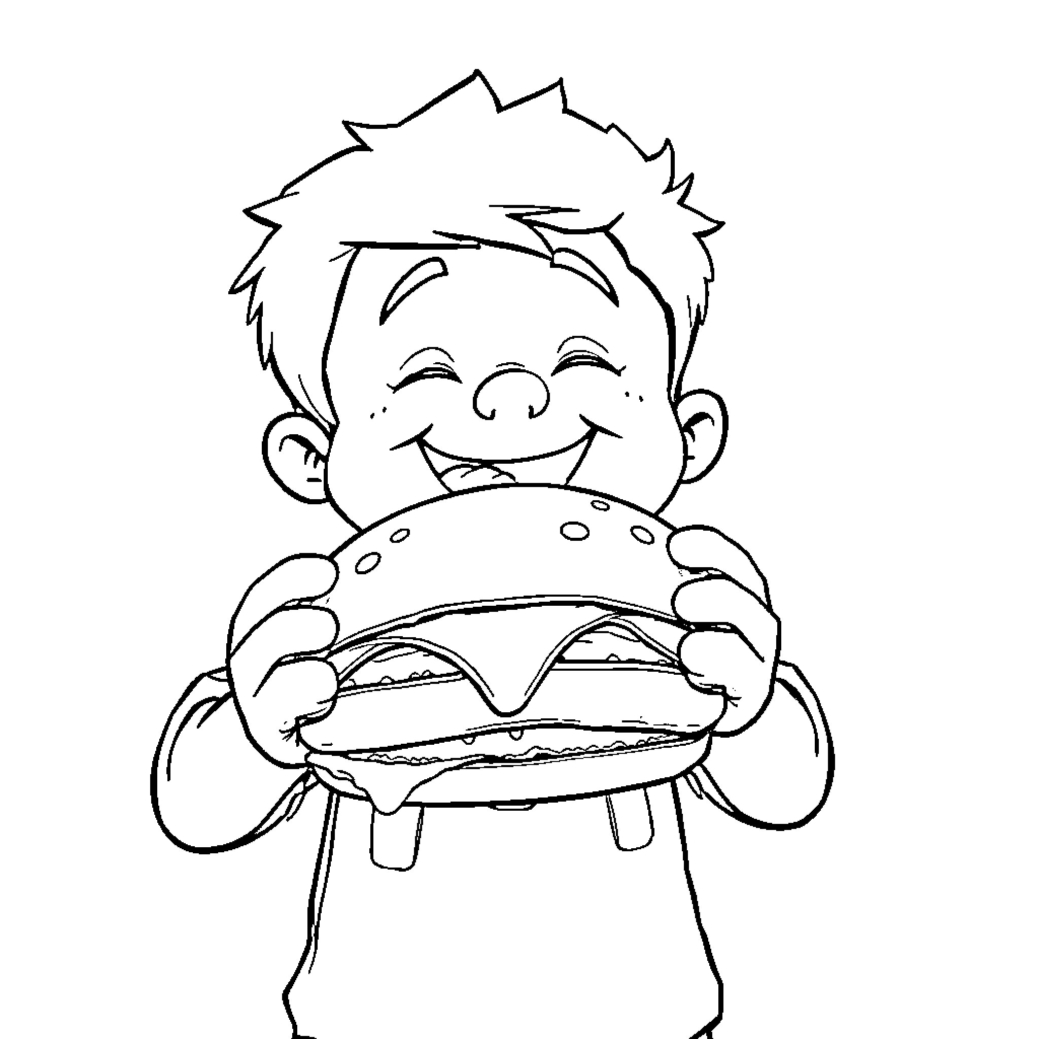 Boy Happily Eating a Burger Coloring Page (free black-and-white line drawing printable PDF for all, from beginners to advanced learners, including children, teens, adults, and seniors)
