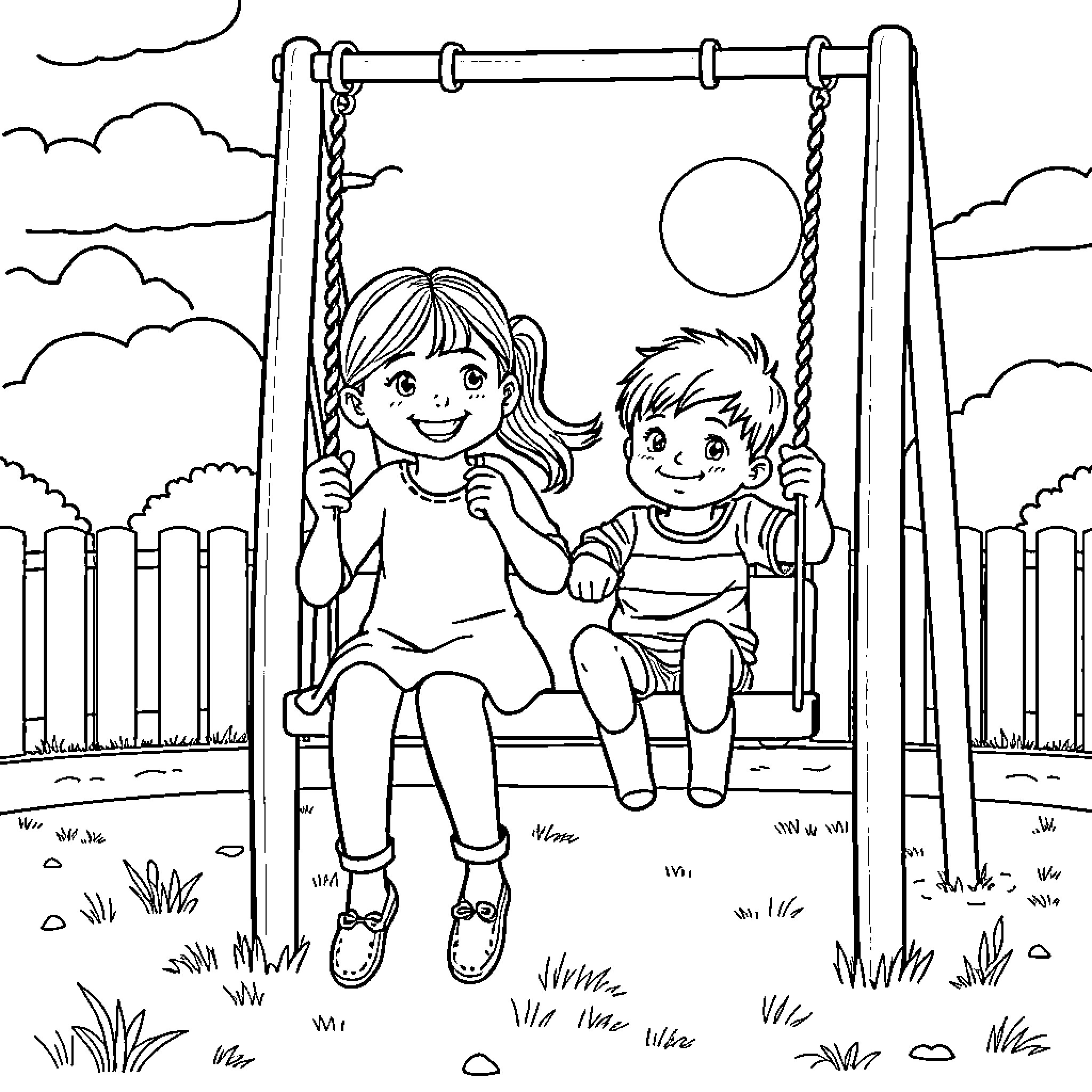Child siblings playing on a swing in the park Coloring Page (free black-and-white line drawing printable PDF for all, from beginners to advanced learners, including children, teens, adults, and seniors)