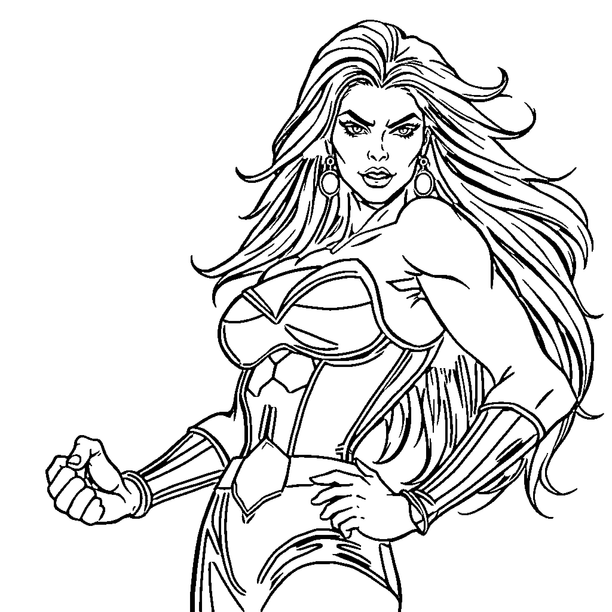 Wonder Woman with fierce expression and powerful stance Coloring Page (free black-and-white line drawing printable PDF for all, from beginners to advanced learners, including children, teens, adults, and seniors)