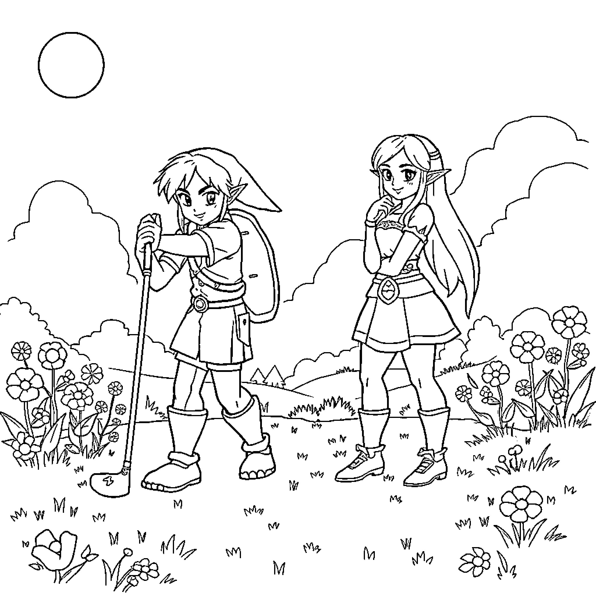 Link and Zelda Adventuring in the Outdoors Coloring Page (free black-and-white line drawing printable PDF for all, from beginners to advanced learners, including children, teens, adults, and seniors)