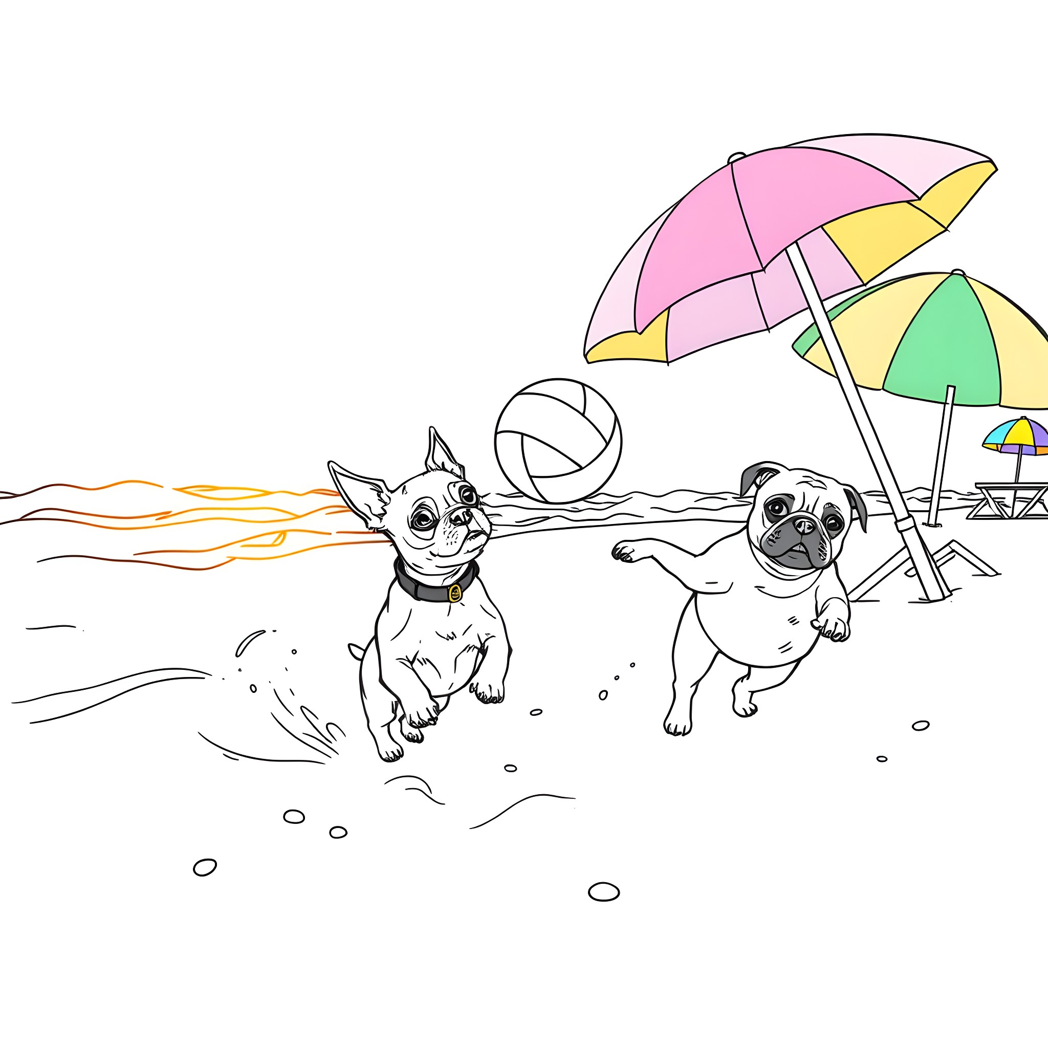 Dogs playing joyfully at the beach Coloring Page (free black-and-white line drawing printable PDF for all, from beginners to advanced learners, including children, teens, adults, and seniors)