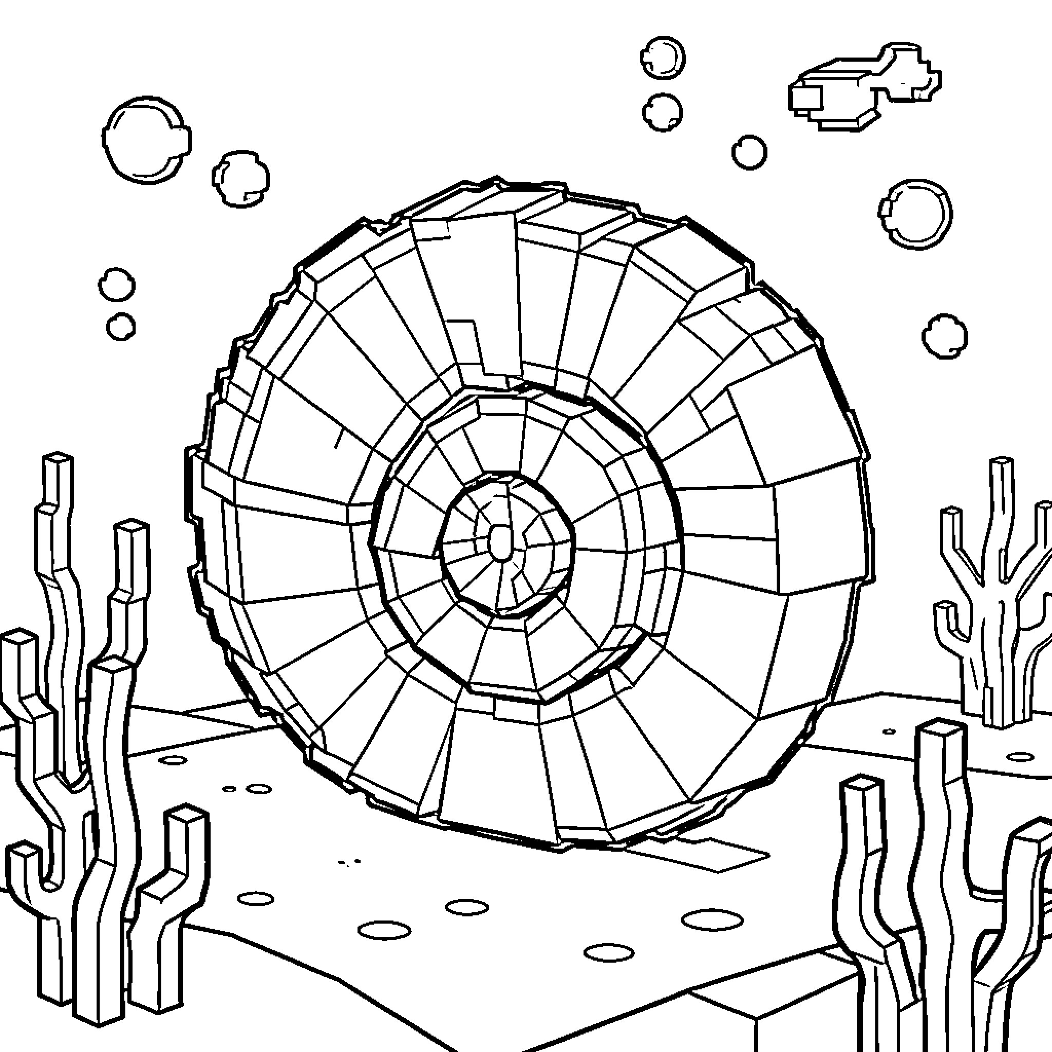 Nautilus shell surrounded by underwater flora and fauna Coloring Page (free black-and-white line drawing printable PDF for all, from beginners to advanced learners, including children, teens, adults, and seniors)