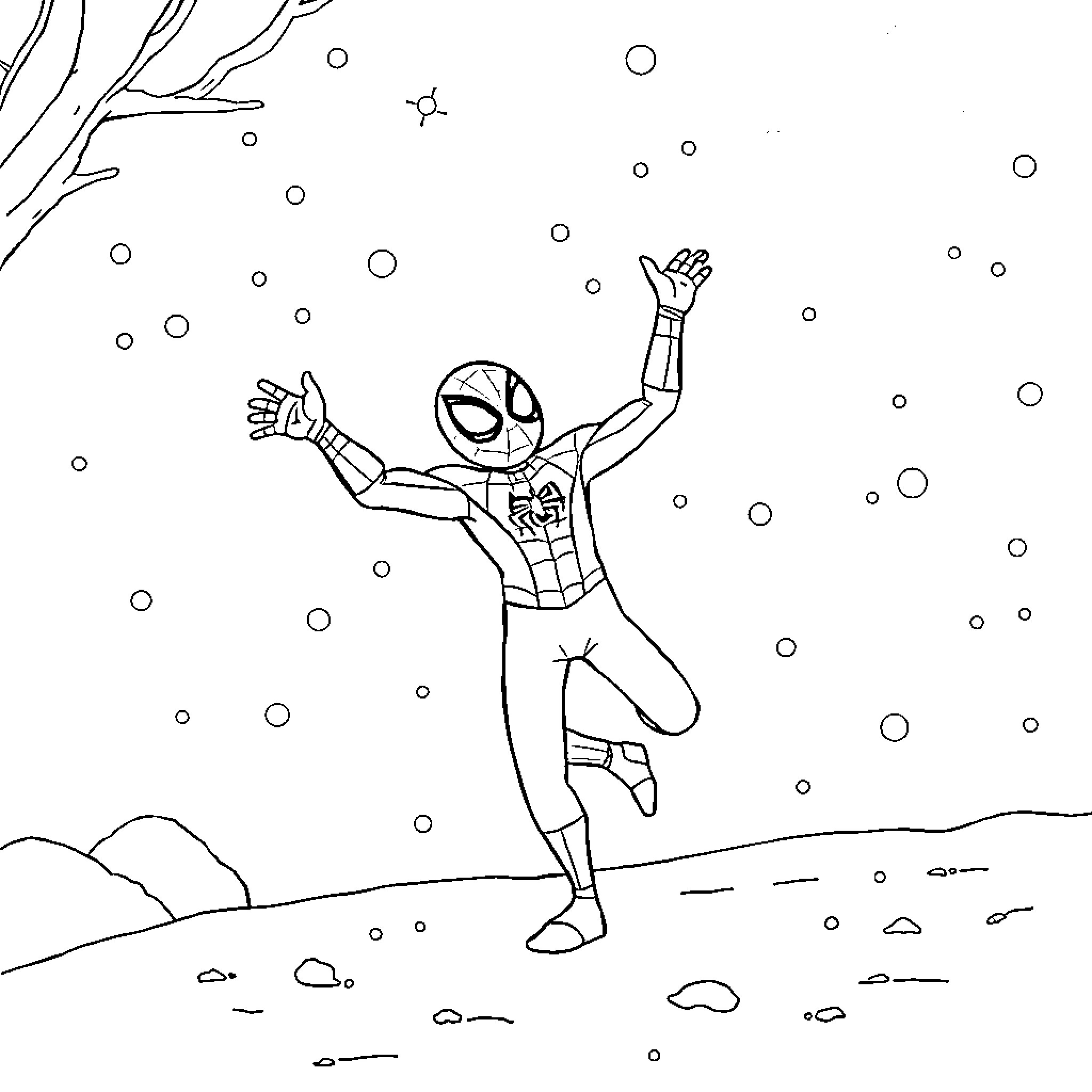 Spiderman joyfully leaping in snowy landscape Coloring Page (free black-and-white line drawing printable PDF for all, from beginners to advanced learners, including children, teens, adults, and seniors)
