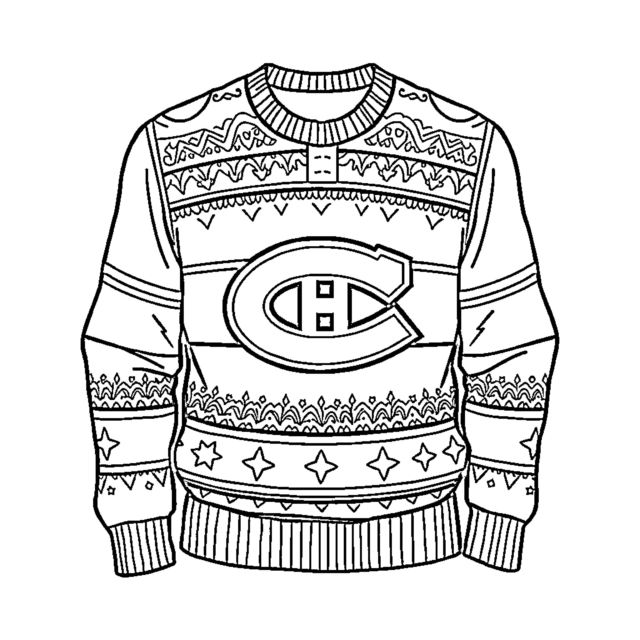 Montreal Canadiens themed patterned holiday sweater Coloring Page (free black-and-white line drawing printable PDF for all, from beginners to advanced learners, including children, teens, adults, and seniors)