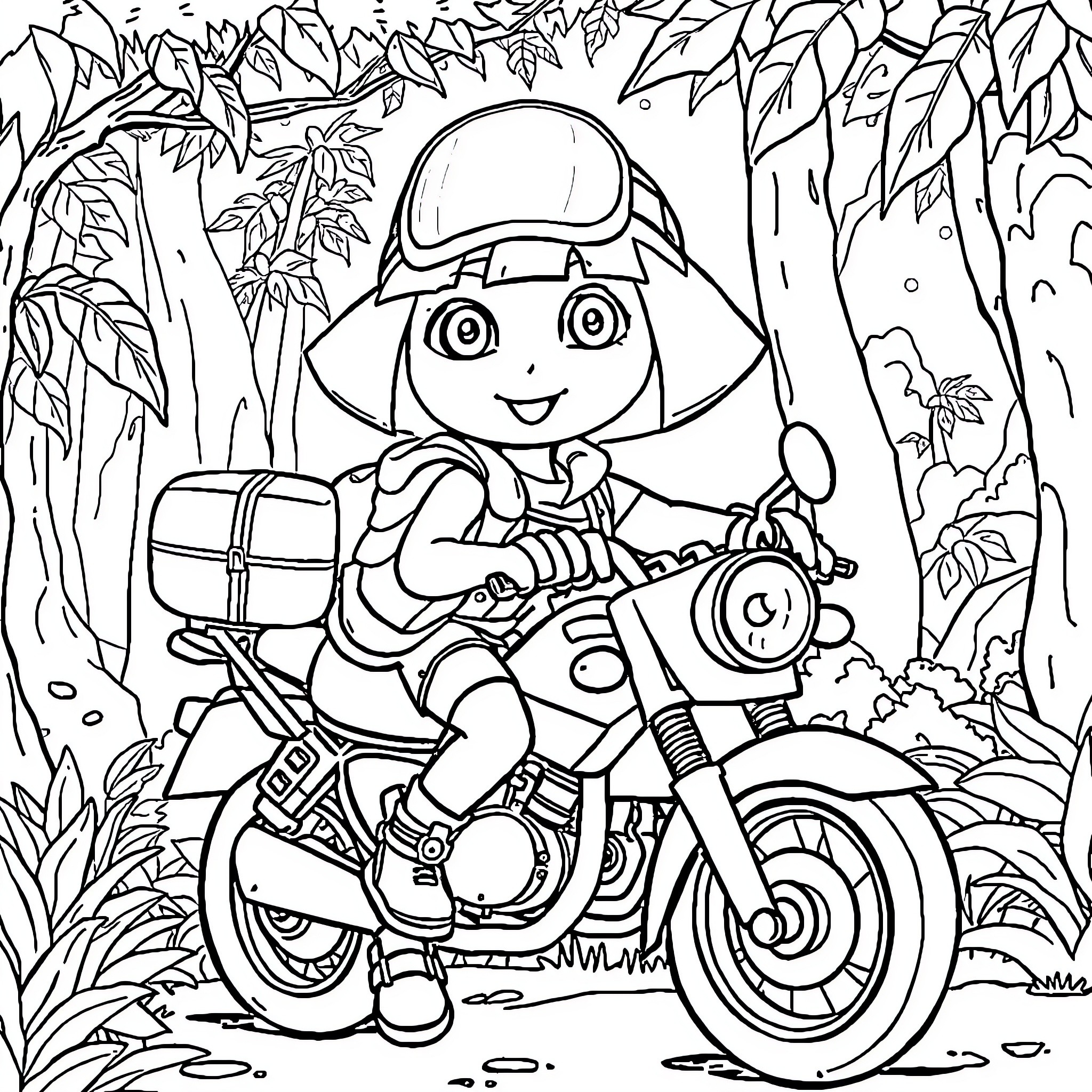 Dora's Adventure on the Motorcycle in the Jungle Coloring Page (free black-and-white line drawing printable PDF for all, from beginners to advanced learners, including children, teens, adults, and seniors)