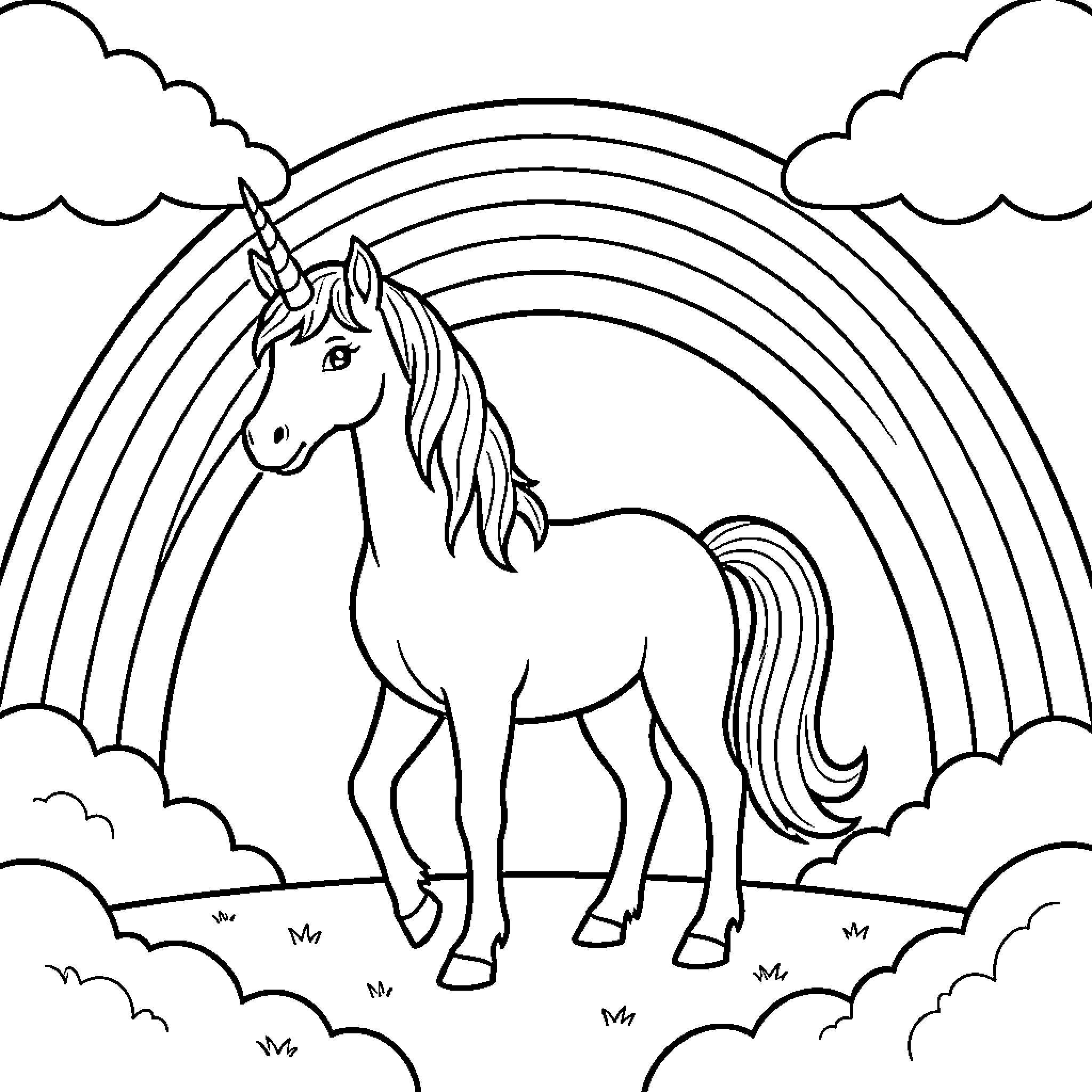 Unicorn standing majestically in front of a rainbow Coloring Page (free black-and-white line drawing printable PDF for all, from beginners to advanced learners, including children, teens, adults, and seniors)