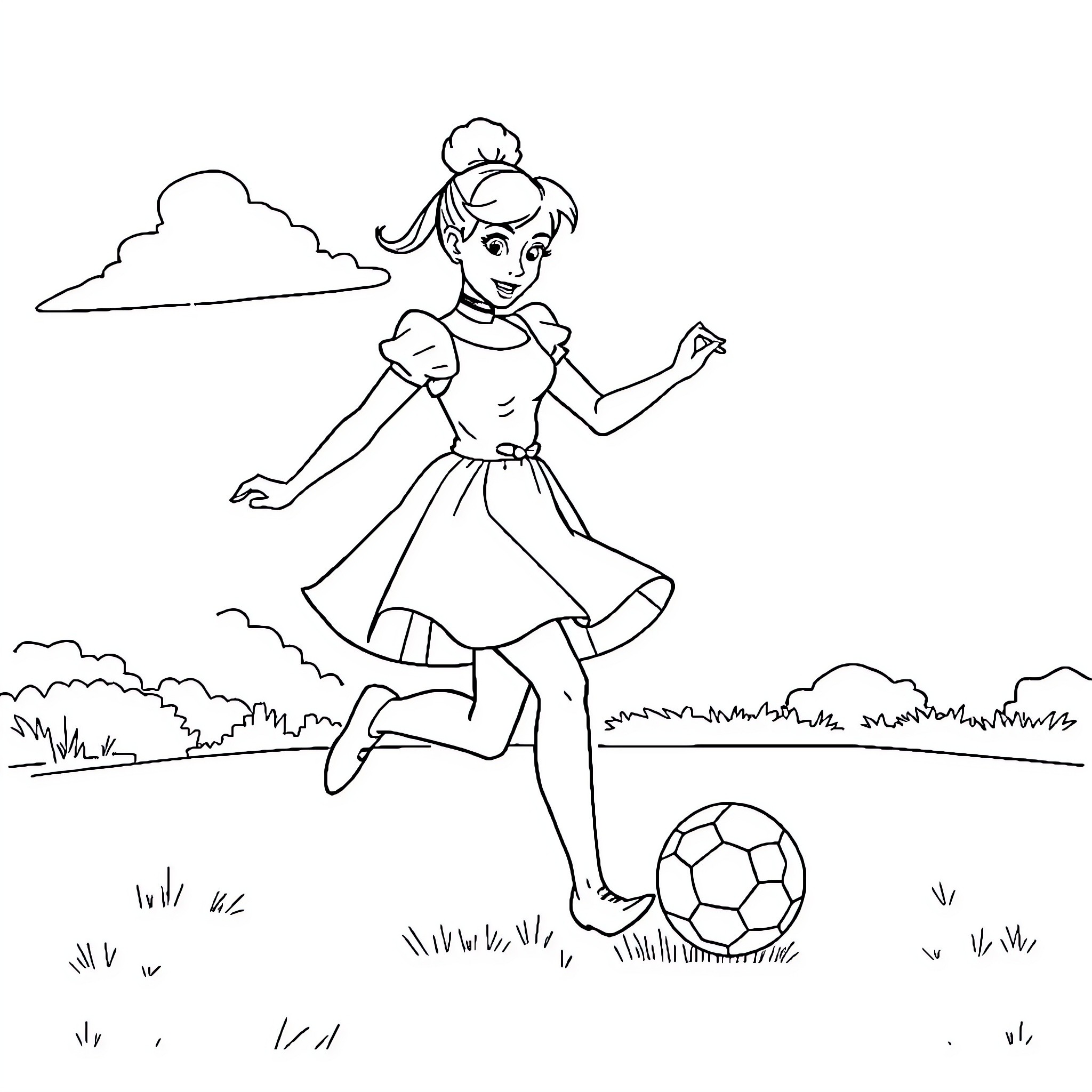 Cinderella playing soccer in the meadow Coloring Page (free black-and-white line drawing printable PDF for all, from beginners to advanced learners, including children, teens, adults, and seniors)