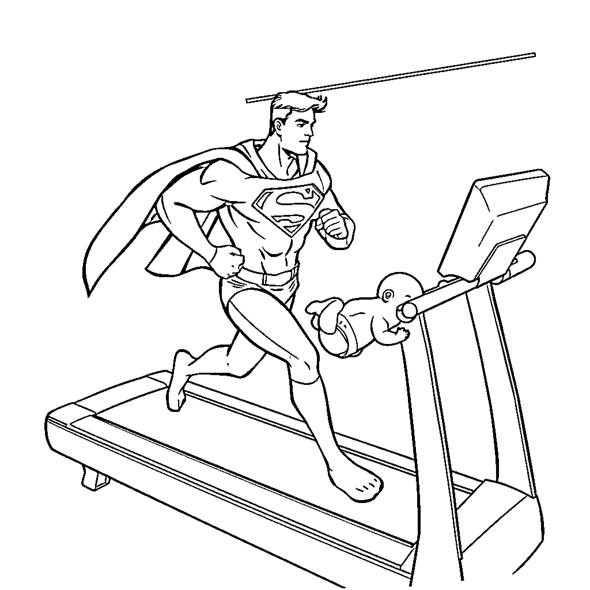 Superman running on treadmill Coloring Page (free black-and-white line drawing printable PDF for all, from beginners to advanced learners, including children, teens, adults, and seniors)