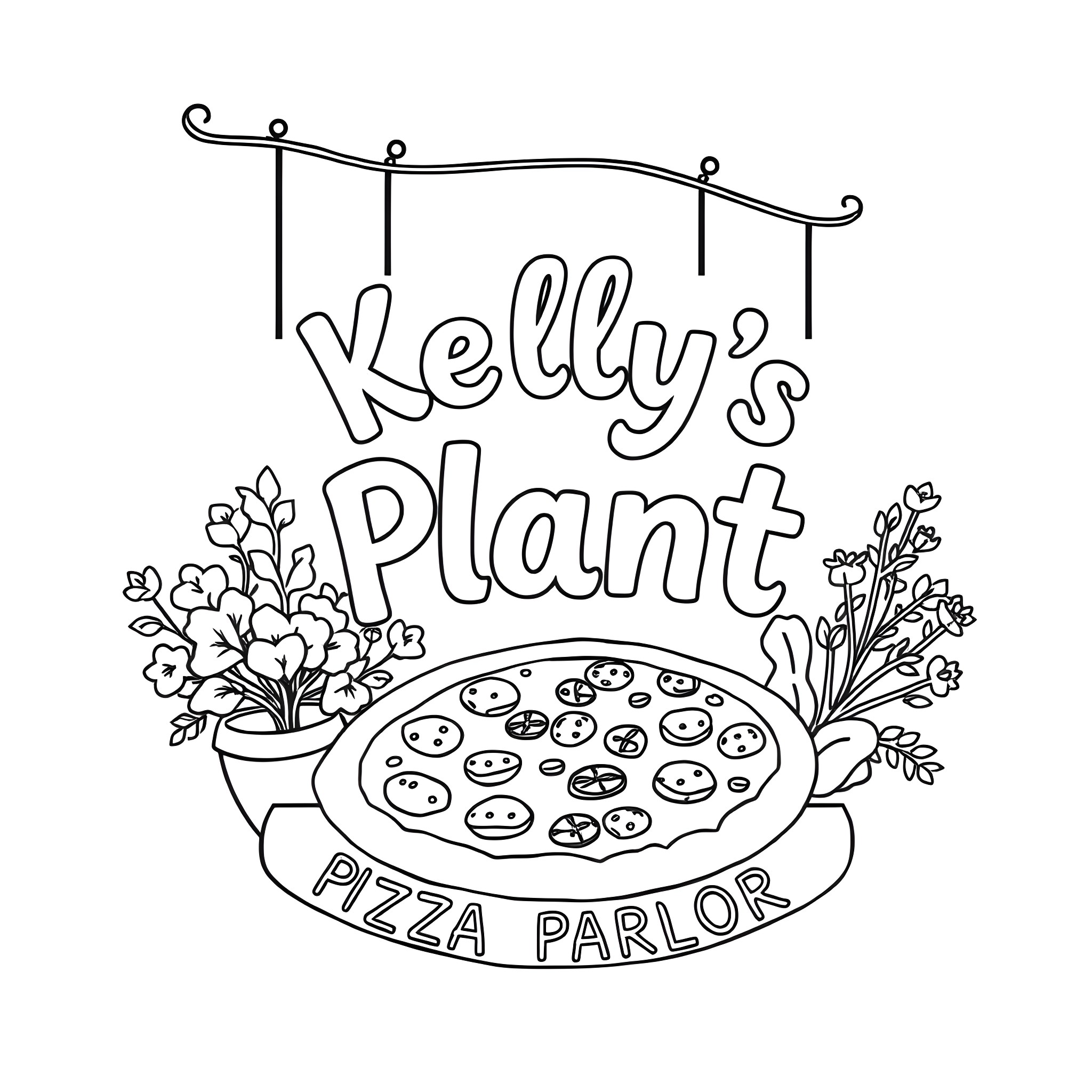 Sign for Kelly's Plant Pizza Parlor Coloring Page (free black-and-white line drawing printable PDF for all, from beginners to advanced learners, including children, teens, adults, and seniors)