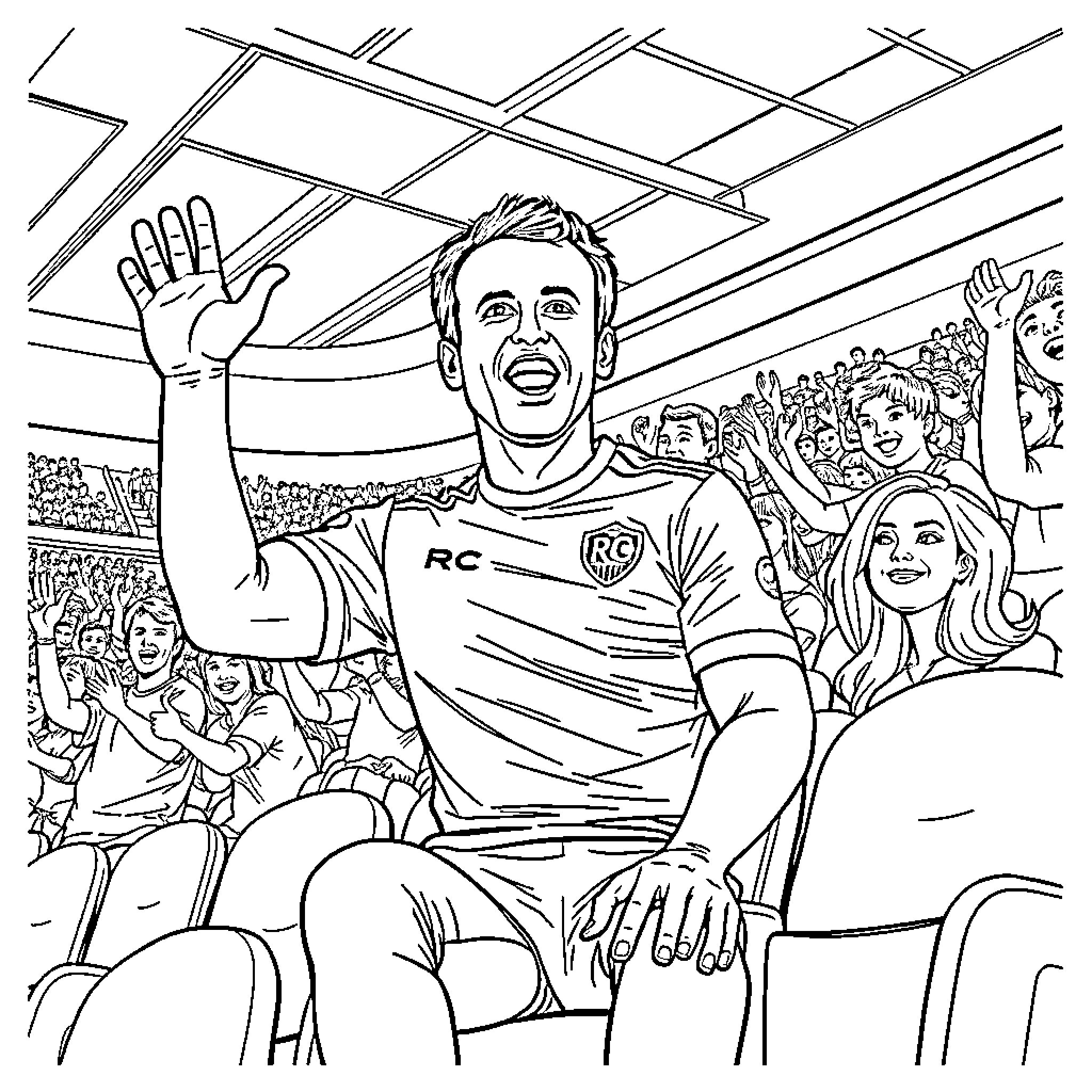 Emmanuel Macron Celebrating Victory with Fans in Stadium Coloring Page (free black-and-white line drawing printable PDF for all, from beginners to advanced learners, including children, teens, adults, and seniors)