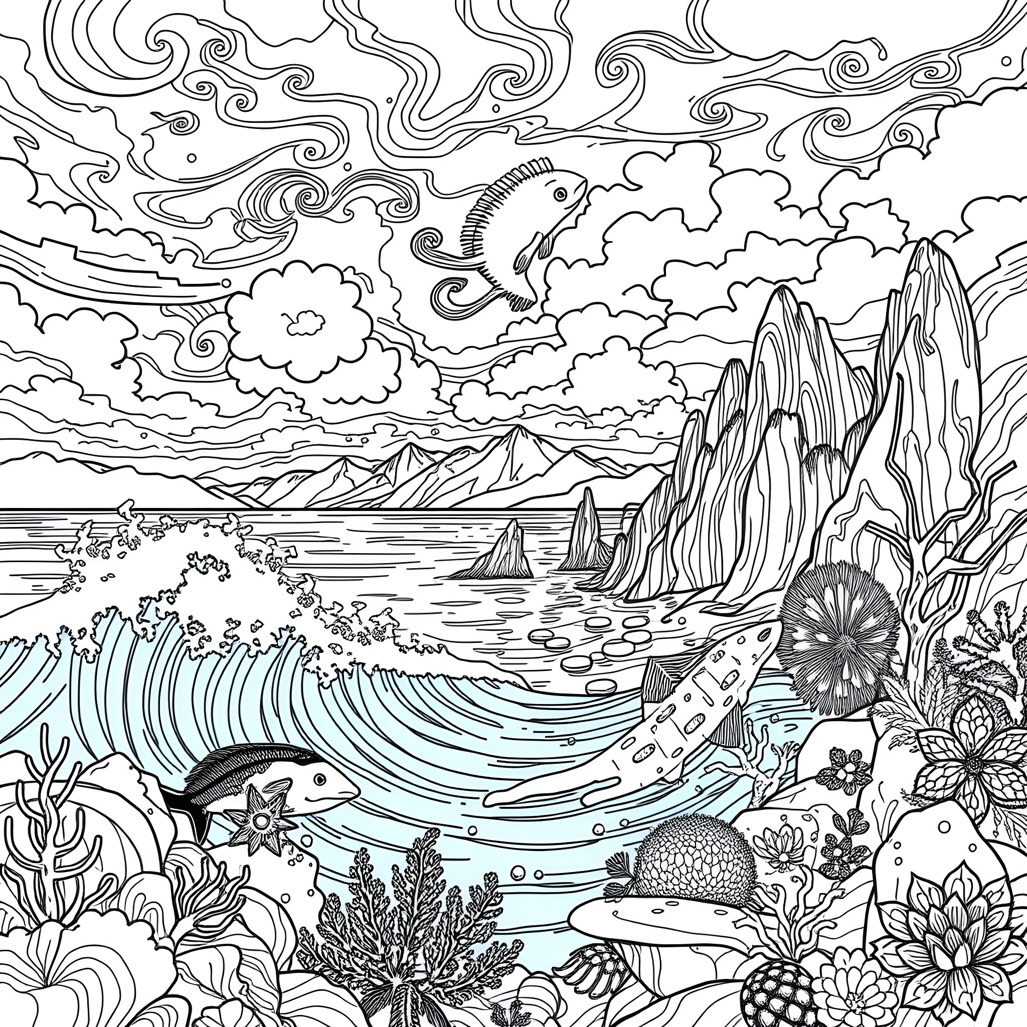 Nature's Mystical Seascape with Whimsical Creatures Coloring Page (free black-and-white line drawing printable PDF for all, from beginners to advanced learners, including children, teens, adults, and seniors)