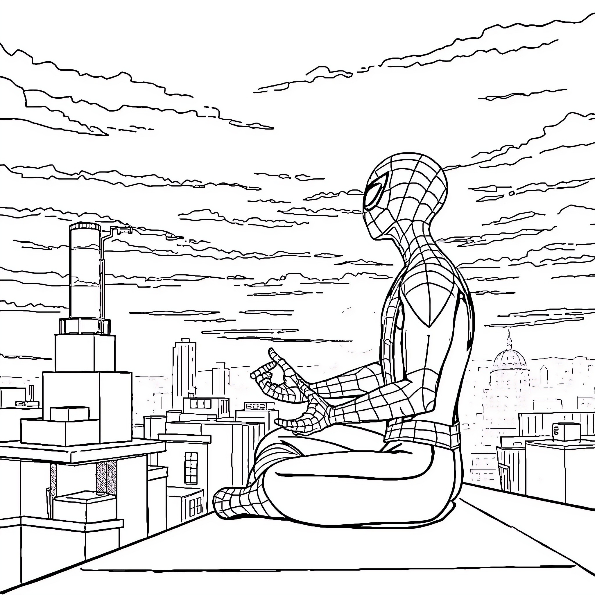 Spiderman contemplating on the city rooftop Coloring Page (free black-and-white line drawing printable PDF for all, from beginners to advanced learners, including children, teens, adults, and seniors)
