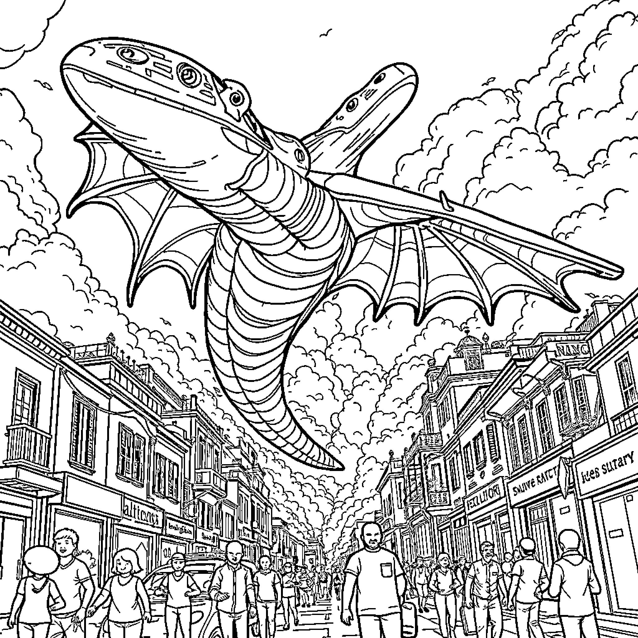 Cocodrilo soaring over the bustling city street Coloring Page (free black-and-white line drawing printable PDF for all, from beginners to advanced learners, including children, teens, adults, and seniors)