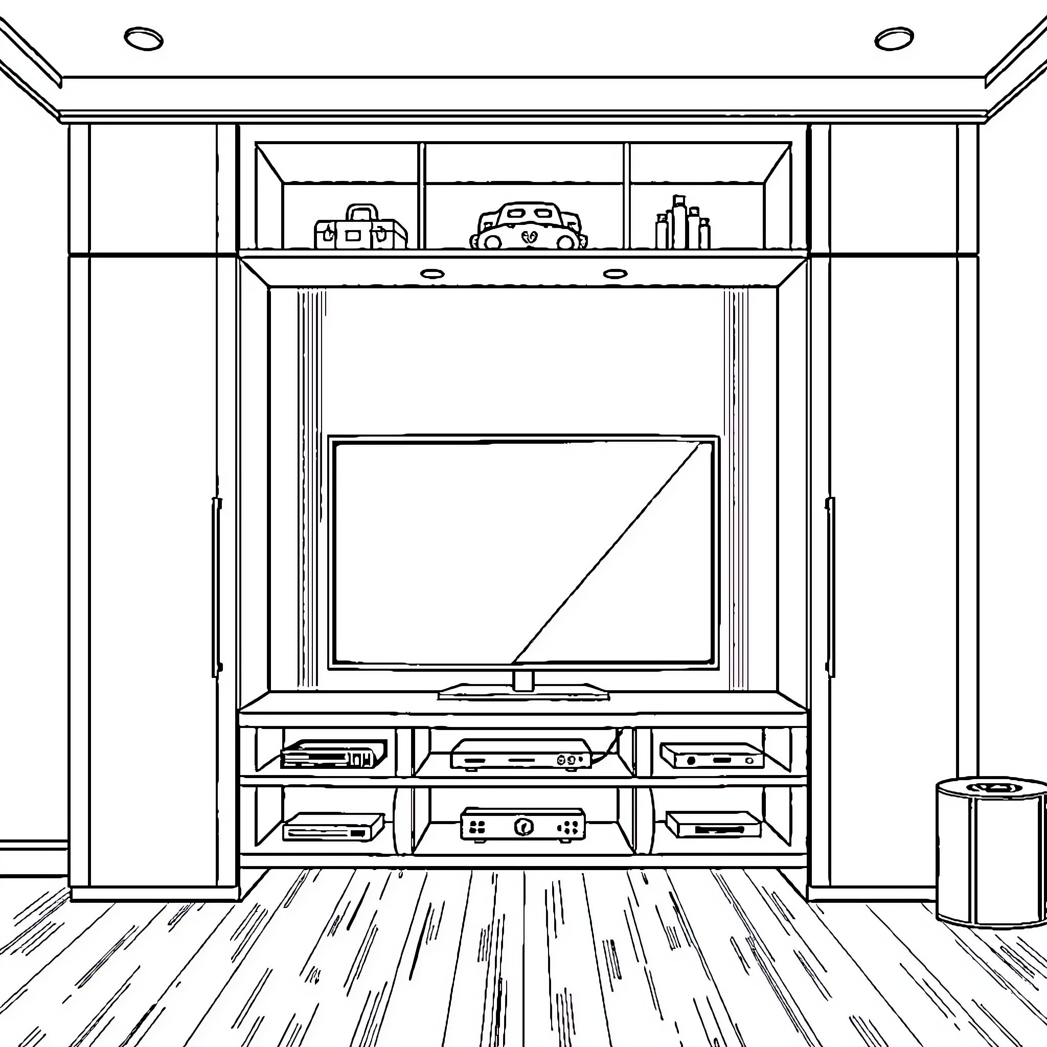TV Stand with Display Shelves and Electronics Coloring Page (free black-and-white line drawing printable PDF for all, from beginners to advanced learners, including children, teens, adults, and seniors)