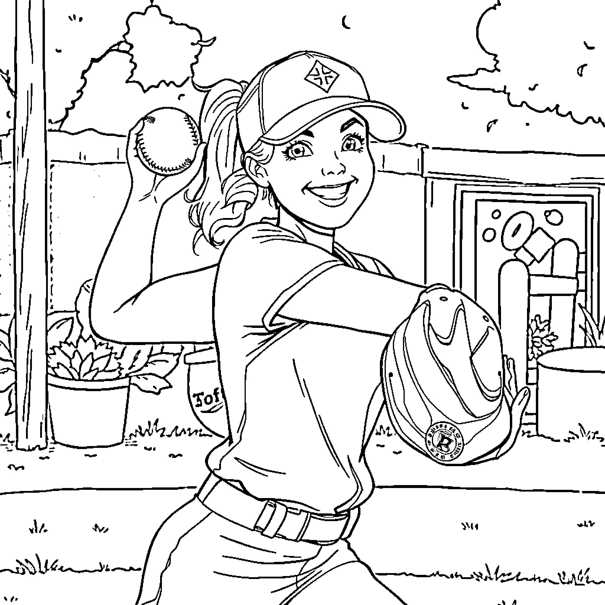 Softball player in action on the field Coloring Page (free black-and-white line drawing printable PDF for all, from beginners to advanced learners, including children, teens, adults, and seniors)
