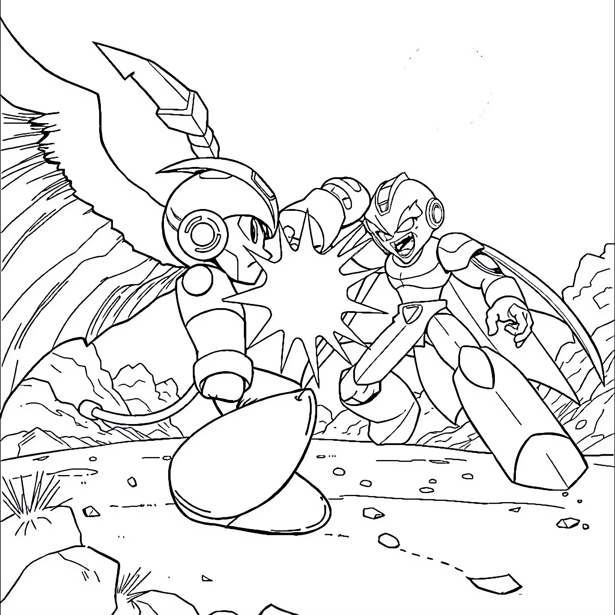 Megaman battling a robotic foe in a rocky environment Coloring Page (free black-and-white line drawing printable PDF for all, from beginners to advanced learners, including children, teens, adults, and seniors)